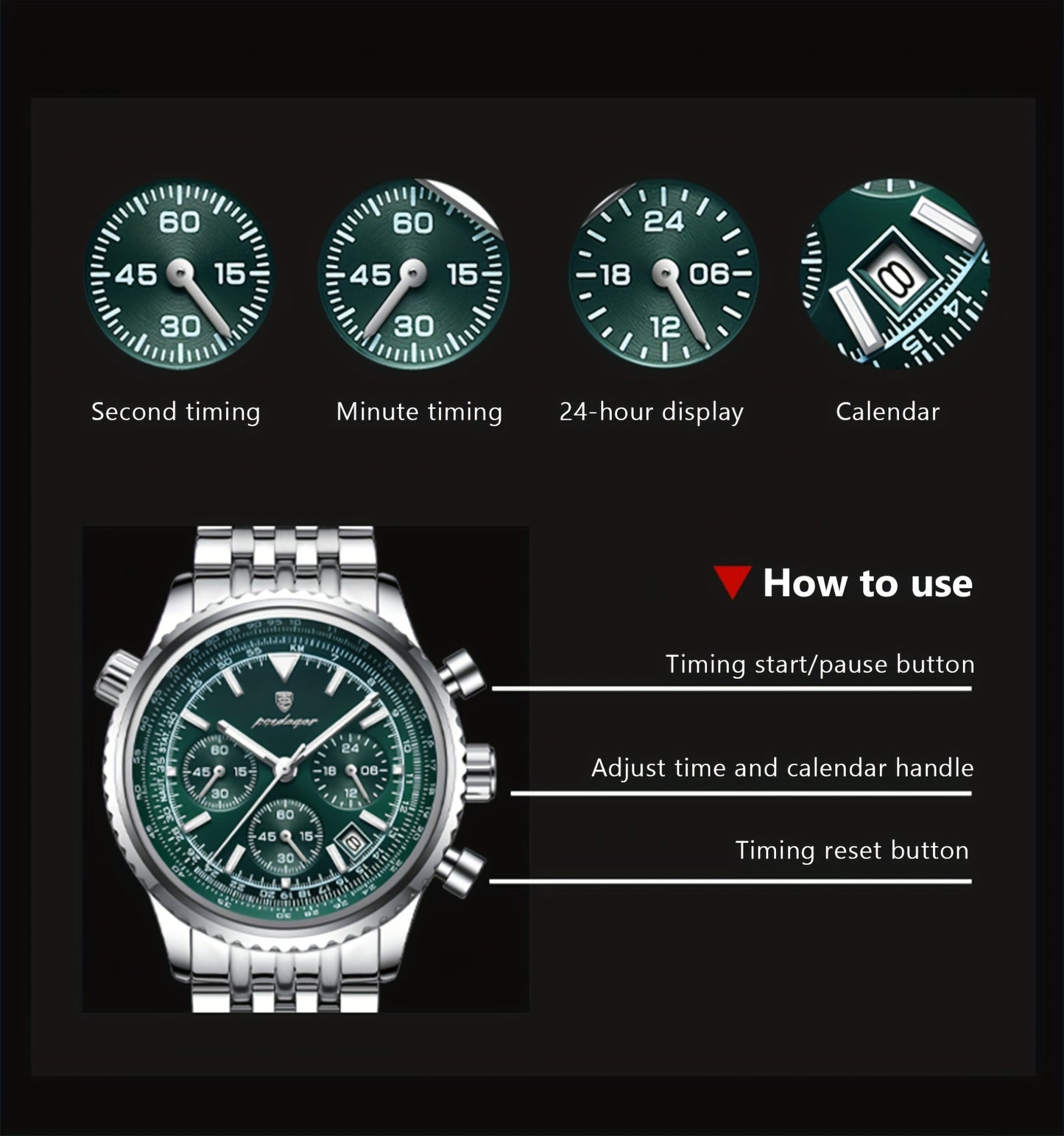 Berda Tomato Business Dominant High-end Luxury Stainless Steel Watch Waterproof Luminous Calendar Quartz Men's Watch, POEDAGAR