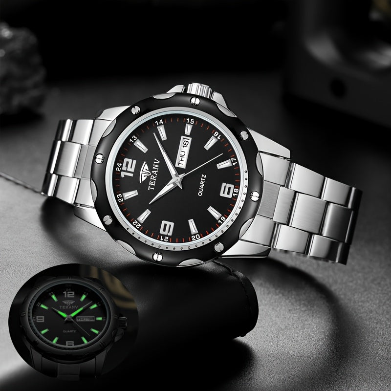 Elegant Men's Stainless Steel Quartz Watch - IPX7 High Quality, Luminous Hands, Date & Day Display, Business Casual Sporty Design for Everyday & Water Activities, Versatile Wristwatch, Sleek Strap Design, Glowing Markers