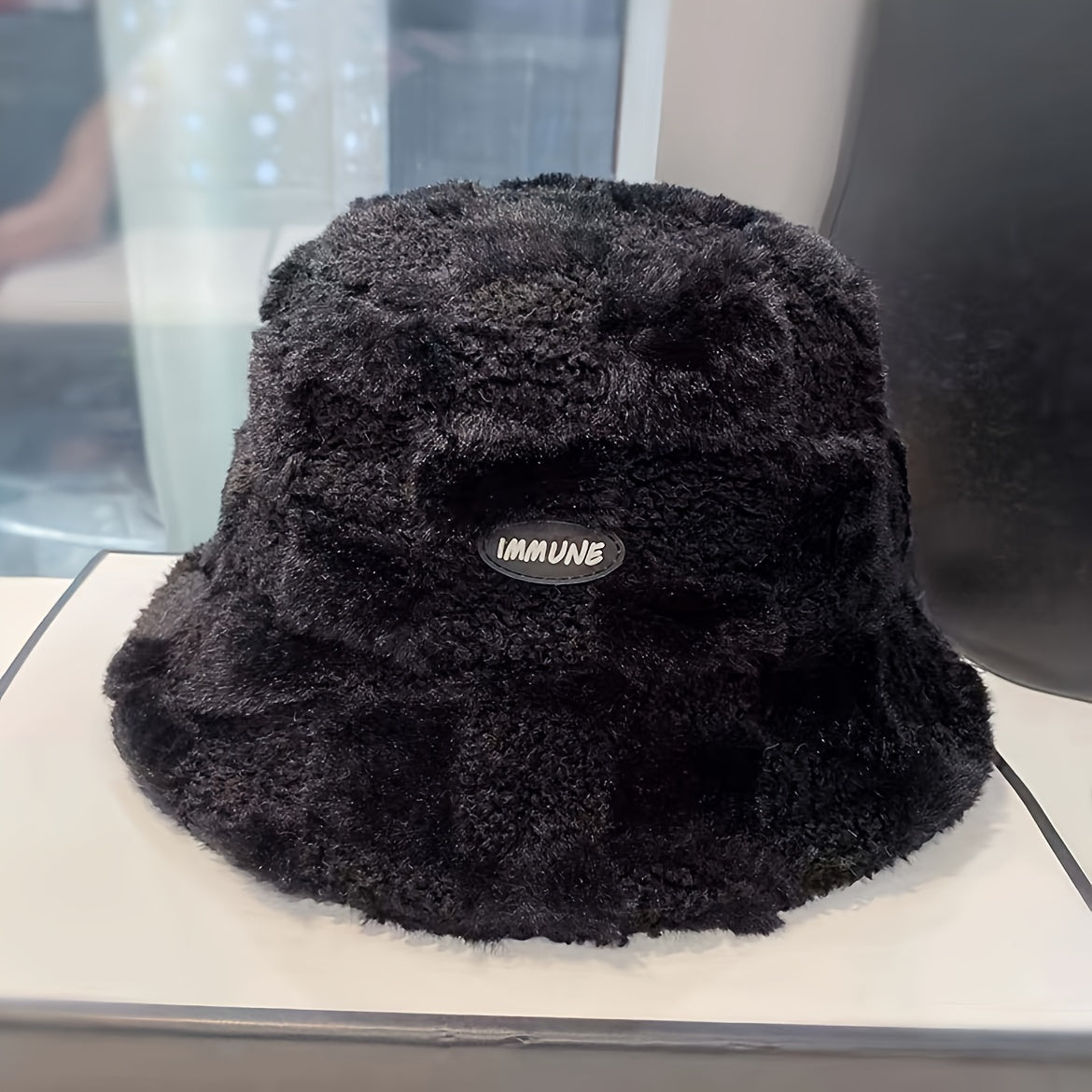 1pc Fashionable Unisex Winter Warmth Bucket Hat, Thickened Plush Polyester Fiber, Knitted Elastic Fabric, Cozy Plaid Fisherman Cap with Lettering