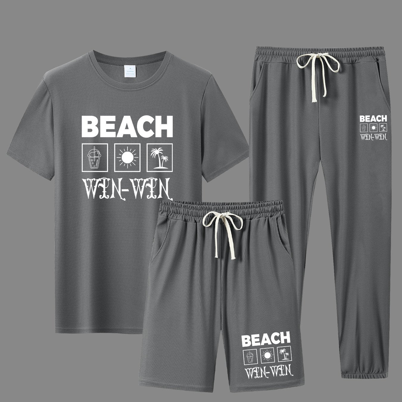BEACH Men's 3-Piece Casual Sportswear Set, Crew Neck Short Sleeve T-Shirt with Shorts and Long Pants, Versatile Simple Breathable Summer Outfits, Knit Fabric Regular Fit, 100% Polyester Material, Casual Style Lash Sets, Sligh