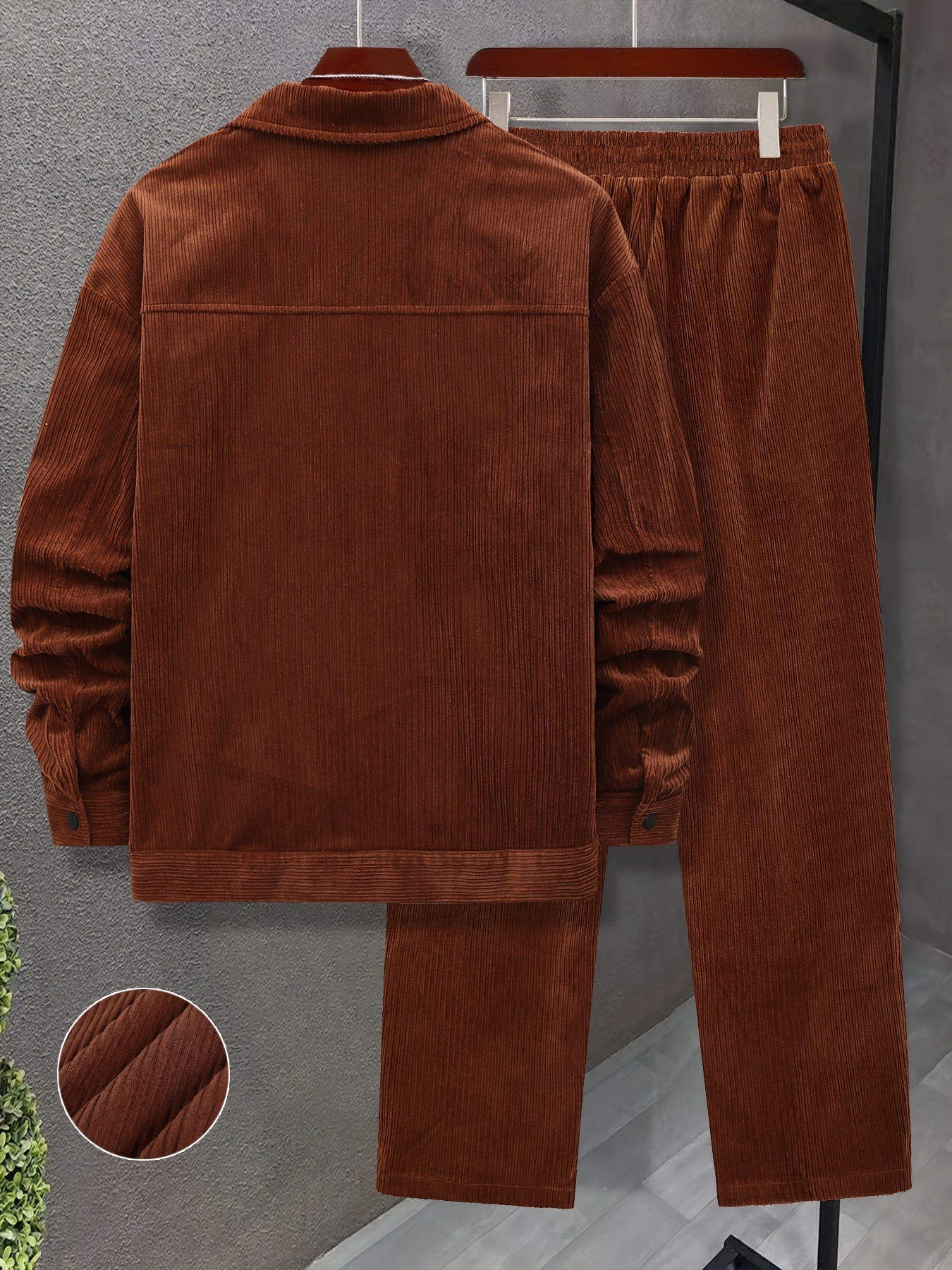 Men'S 2pcs Set of Woven Textured Fabric Work Bag Long Sleeve Jacket And Drawstring Casual Loose Pants Suit
