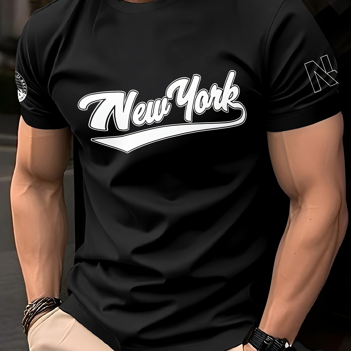 1pc Men's Summer Breathable Quick-Dry T-Shirt - 100% Polyester Moisture-Wicking, Casual Short Sleeve Round Neck Tee with New York Graphic Print for Outdoor Sports & Casual Attire