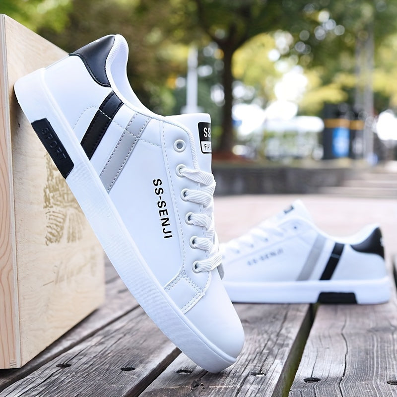 Men'S Fashion Sneakers, White PU Low Top Lace-up Casual Walking Shoes, Solid Striped Design, Breathable Non-Slip, All-Season, Round Toe, Fabric Inner, PVC Sole, Cloth Insole - Preppy Vintage Style