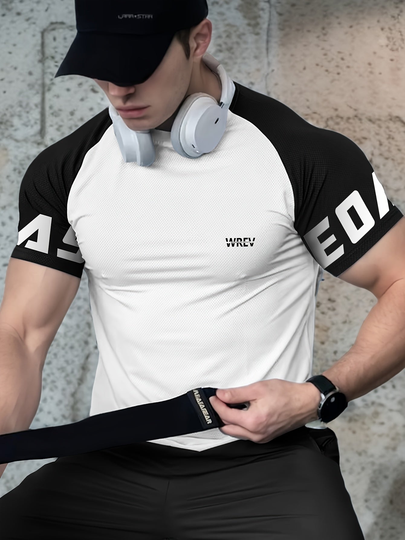Men's Quick-Dry Breathable Mesh Sports T-Shirt - Summer Gym Workout Top with Contrast Black & White Sleeves & for Man Letter Print, Slim Fit for Running Training Casual Wear, Breathable Running Gear | Sporty Casual Tee | Mesh