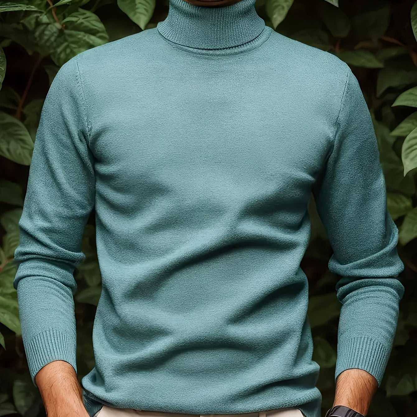 Men's Sleek Light Blue Turtleneck Sweater - Casual Knit Pullover with Ribbed Cuffs, Long Sleeves for Fall/Winter, Soft Viscose Blend