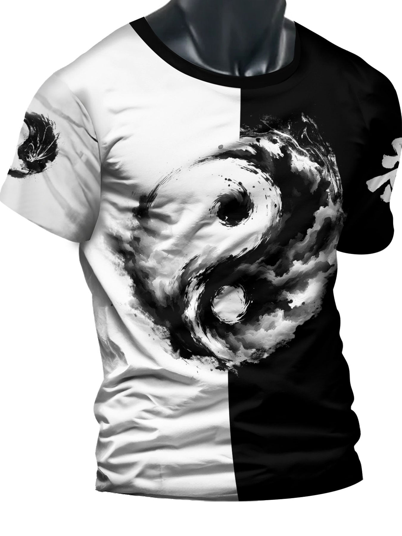 Men'S Yin Yang 3D Print T-Shirt - Casual Crew Neck Polyester Tee, Slight Stretch Knit Fabric, Regular Fit, 100% Polyester Fiber, 100g/m²