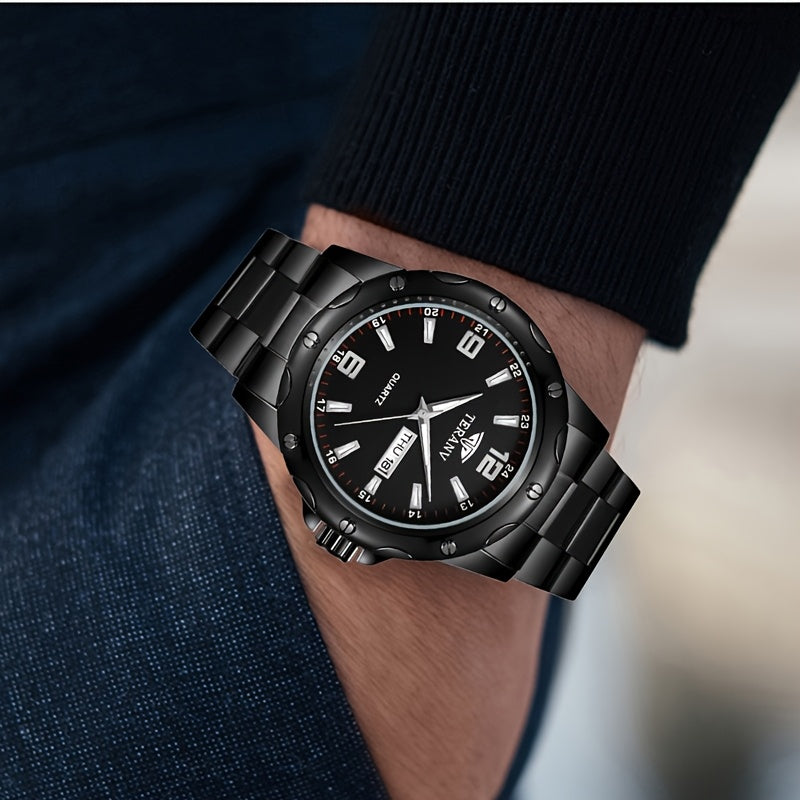 Elegant Men's Stainless Steel Quartz Watch - IPX7 High Quality, Luminous Hands, Date & Day Display, Business Casual Sporty Design for Everyday & Water Activities, Versatile Wristwatch, Sleek Strap Design, Glowing Markers