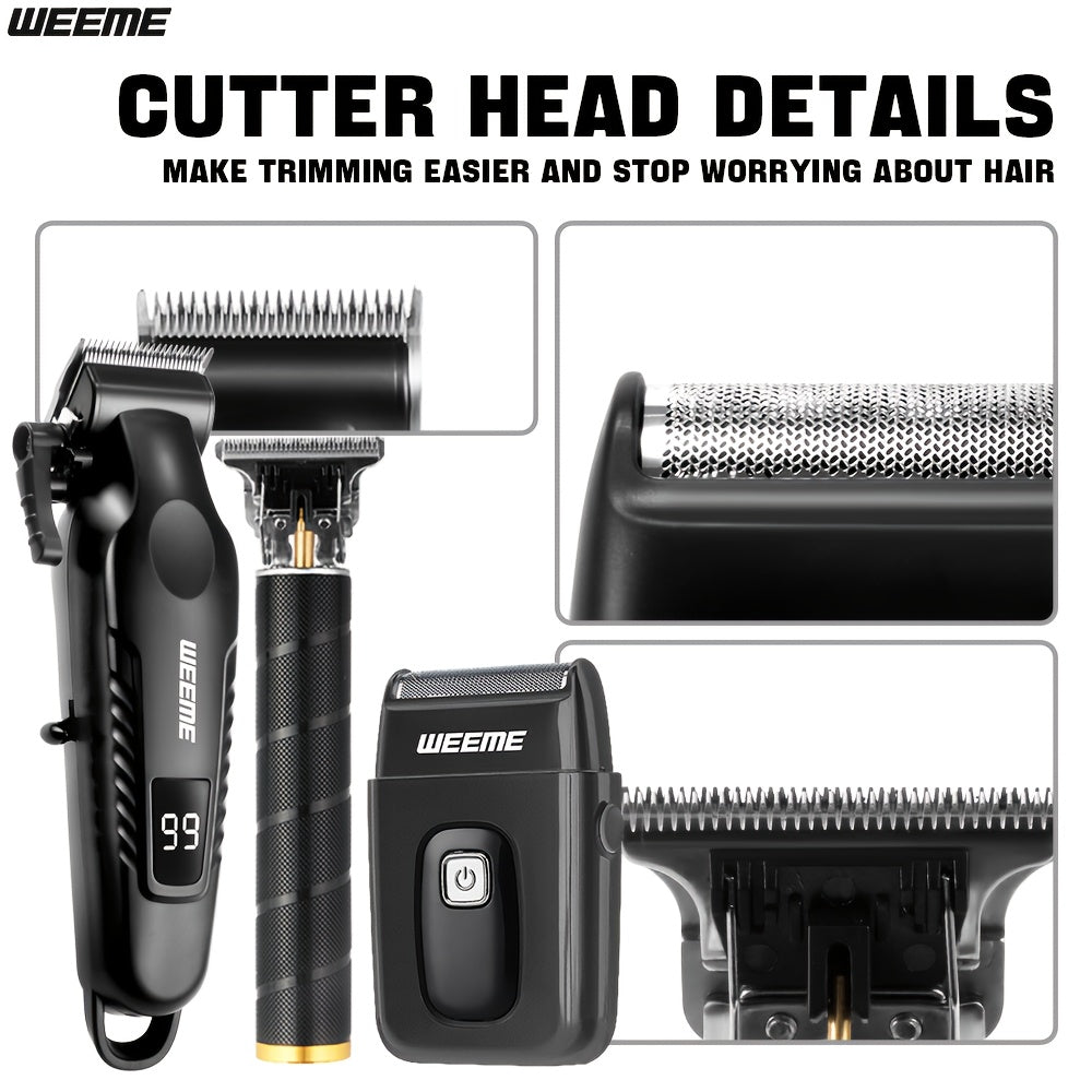 WEEME Men'S Grooming Three-Piece Set Multifunctional Electric Clipper Trimmer with Alloy Stainless Steel Blade Three-Speed Adjustment USB Fast Charging LCD Power Display Ultra-Long Battery Life Essential for Home Travel Car B