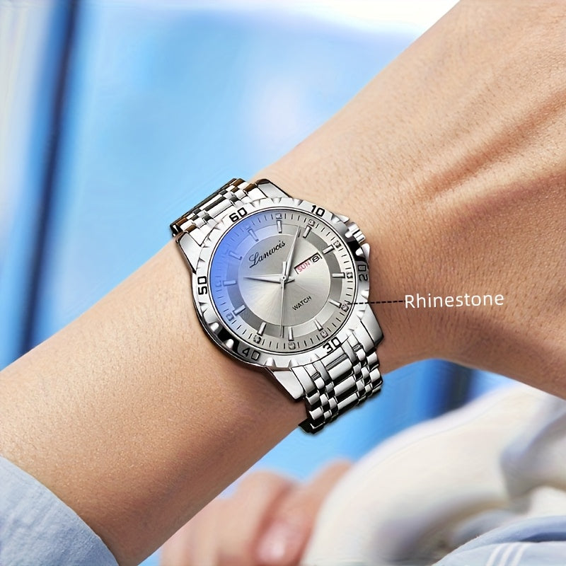 1pc Men's Business Style Stainless Steel Strap Watch - IPX7 Waterproof, Luminous Hands & Dial, Calendar & Week Display, Quartz Movement, Travel Leisure Sports Watch with Gift Box, Luxury Wristwatch | Sleek Metallic Finish | D