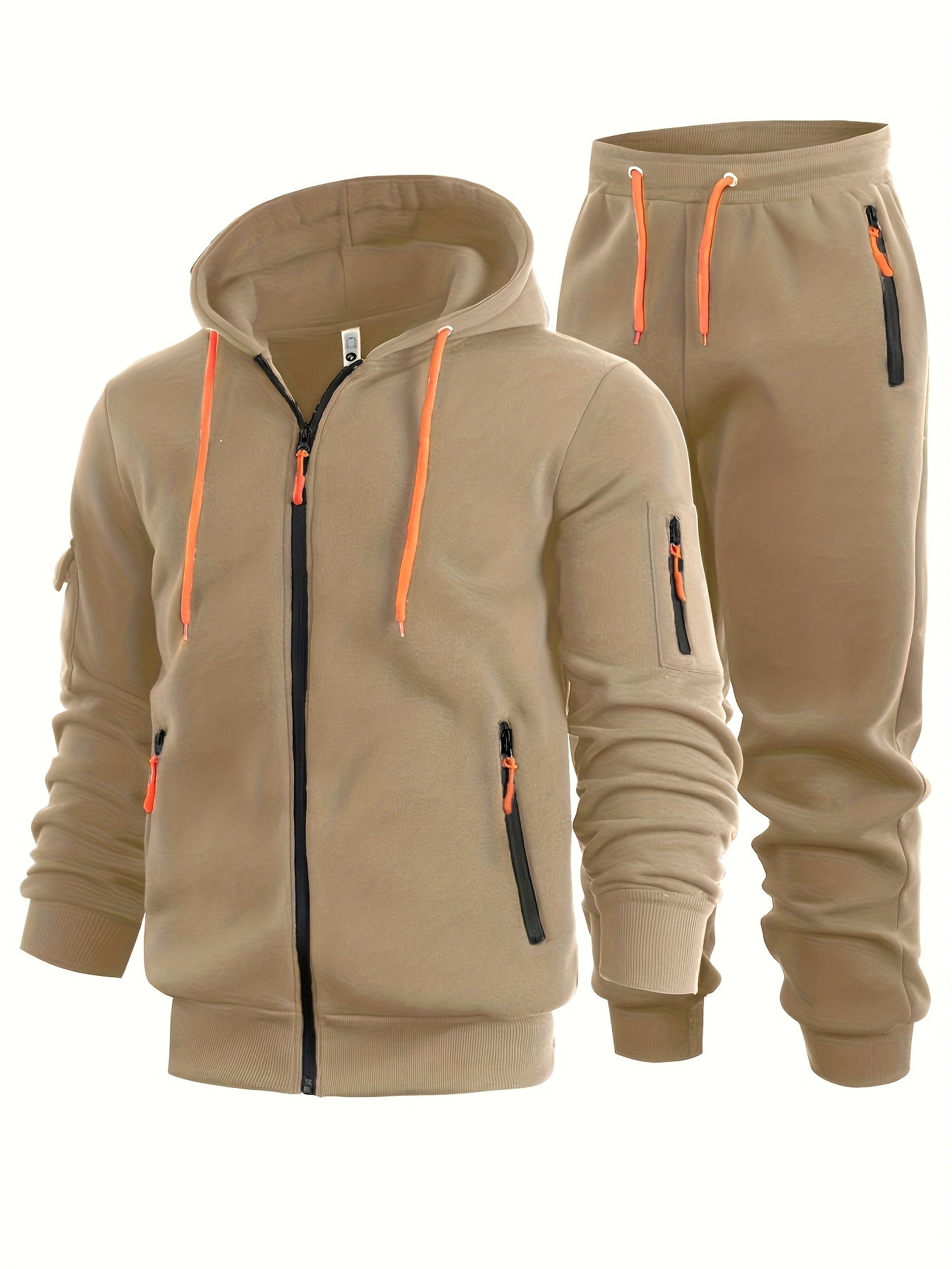 2pcs Men's Solid Color Hooded Long Sleeve Sweatshirt and Jogger Set, Suitable for Spring, Autumn, and Winter Sports Casual Outfit