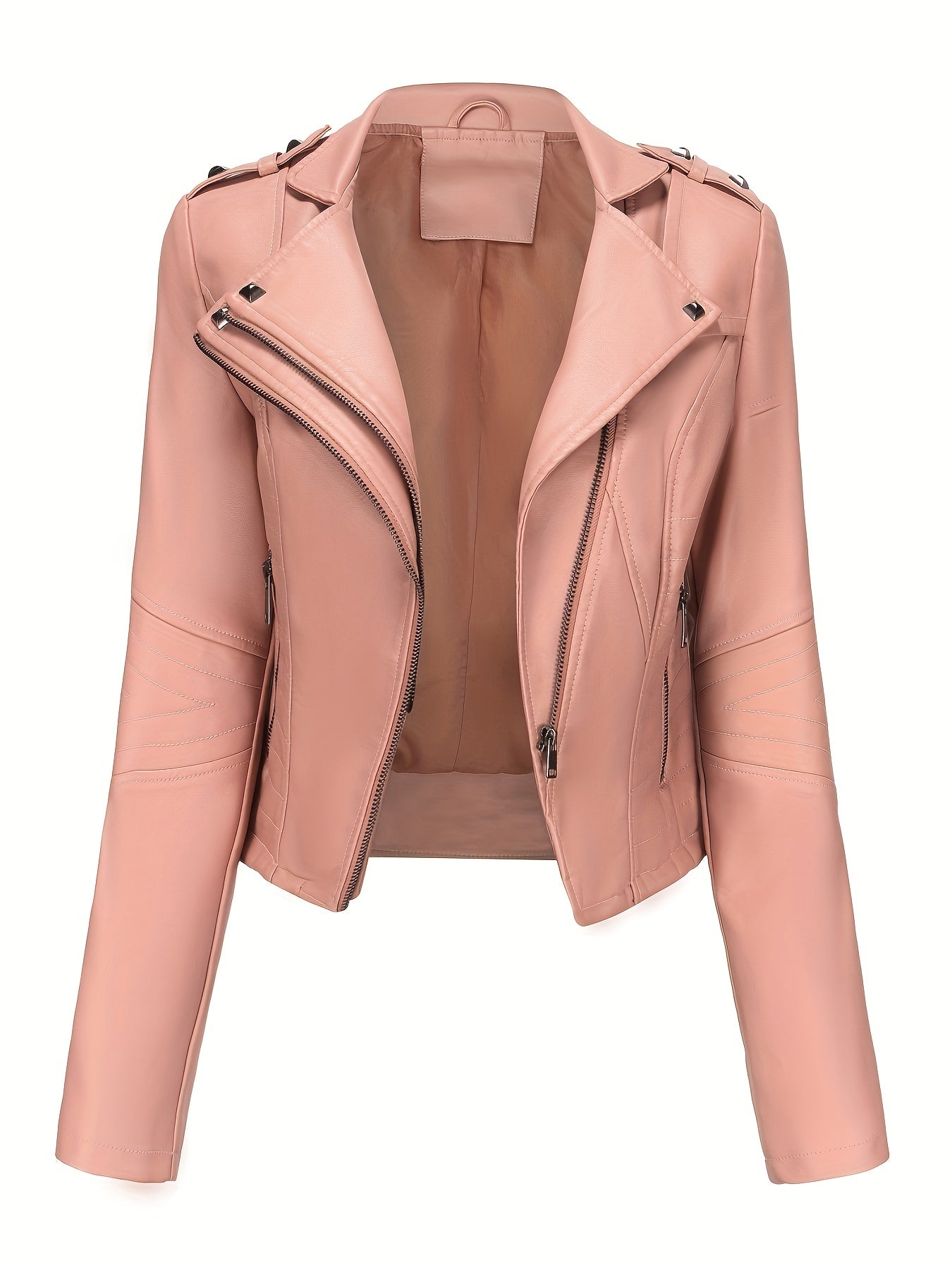 Women'S Casual Faux Leather Jacket, Solid Color, Long Sleeve, Regular Length, Fall/Winter, Zipper Placket, Woven, Non-Stretch Fabric, 100% Polyurethane, Lapel Collar, Dipped Hem Detail