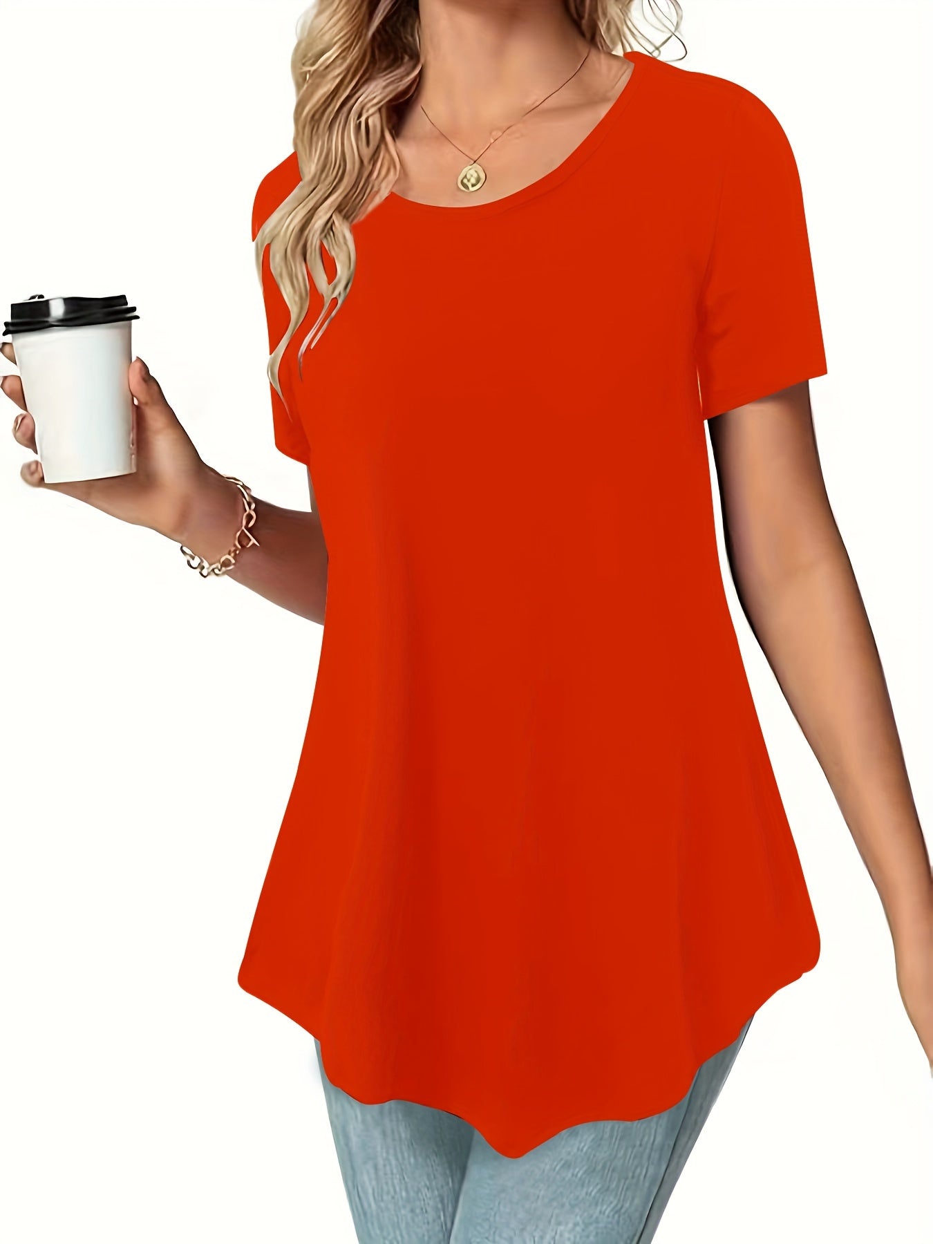 Asymmetrical Hem Crew Neck T-shirt, Short Sleeve Casual Top For Summer & Spring, Women's Clothing