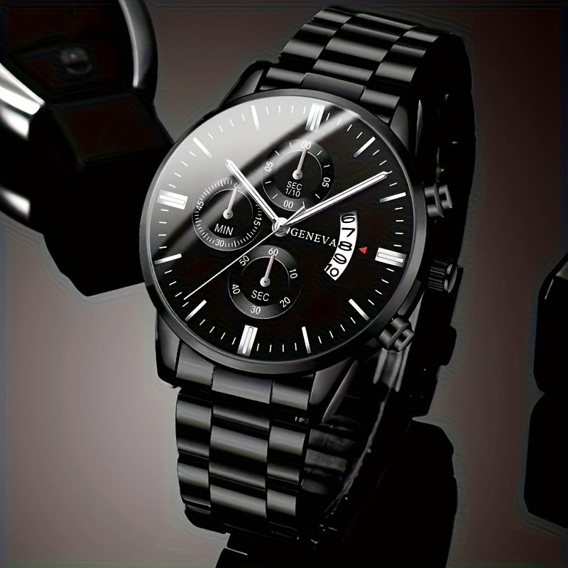 Men'S Business Round Quartz Watch with Calendar Display, Black Stainless Steel Strap, Electronic Movement, Perfect Gift for Valentine'S Day, Easter, Halloween, Ramadan, Birthdays, Christmas