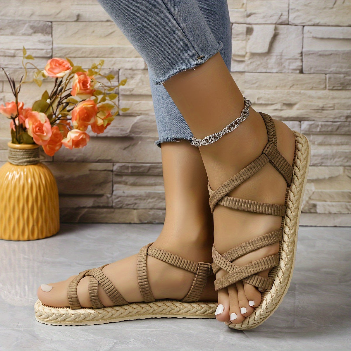 Women's Solid Color Flat Sandals, Casual Open Toe Summer Shoes, Lightweight Slip On Sandals