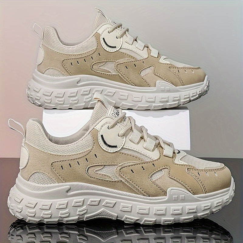 Men's Trendy Chunky Sneakers - Breathable Mesh & PU Upper, Durable PVC Sole, Lace-Up Casual Sneakers in Gray, Black & Orange, All-Season Comfort for Casual Attire