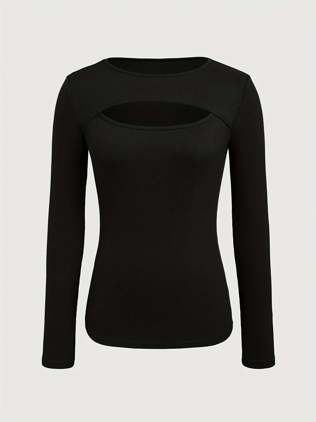 1pc Essence Women'S Elegant Ribbed Long Sleeve T-Shirt, Polyester and Spandex Blend, Hollow-Out Detail, Solid Color, Crew Neck, Regular Length, Knitted Fabric - Autumn/Winter Collection
