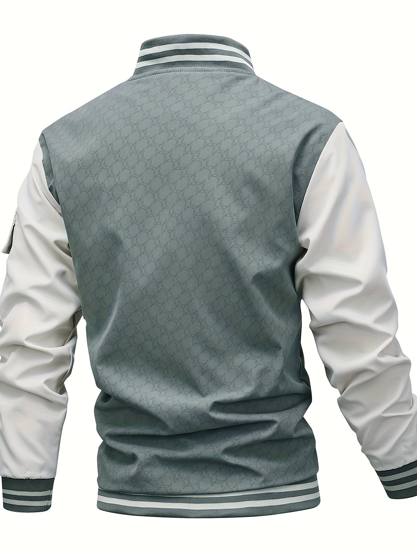 Men'S Lightweight Geometric Pattern Bomber Jacket - Casual Long Sleeve Zip-Up with Pockets, White & Gray, Polyester Lining, Perfect for Fall, Autumn Jacket