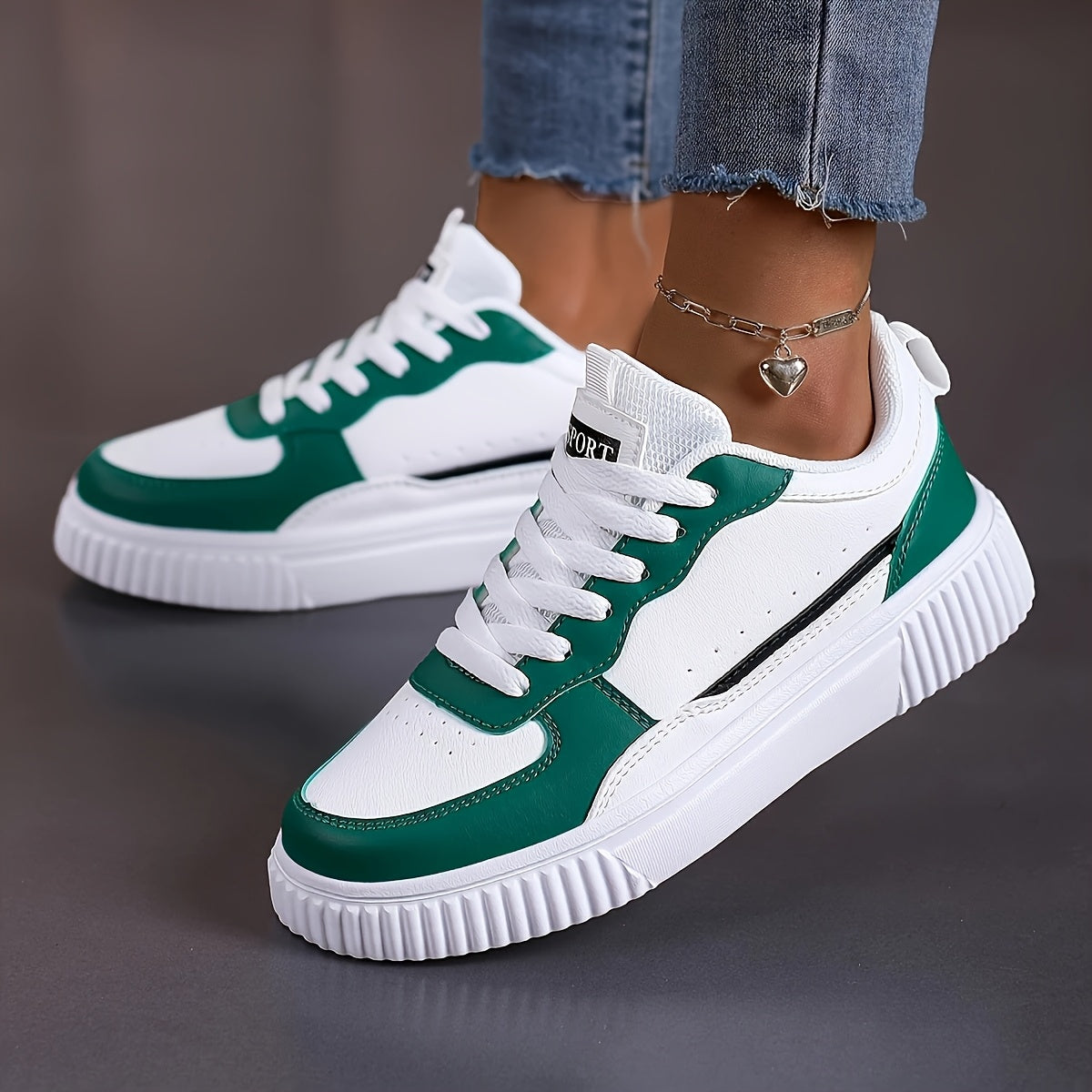 Unisex Low-Top Sneakers - White & Green colorblock design, Lace-Up Closure, Cushioned EVA Sole - All-Season Casual Shoes for Men & Women - Skateboarding, Everyday, Formal Events - Easy-Clean Synthetic Cover Upper, Everyday Fo