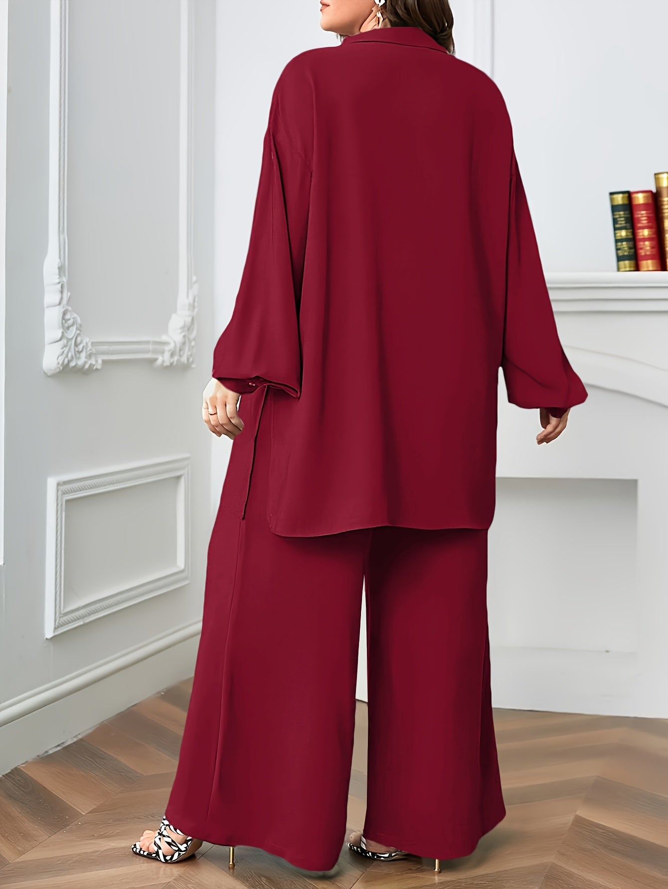 Elegant Plus Size Women'S Two-Piece Set: Stylish V-Neck Blouse & Wide Leg Pants - Perfect for Formal Occasions, Plus Size Blouses