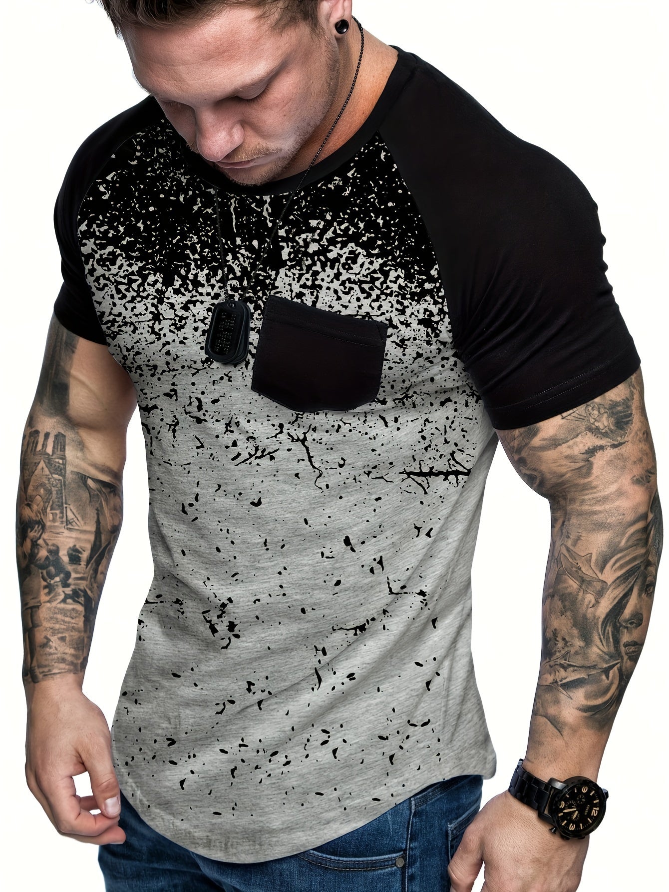 Chic Printed T-shirt, Men's Casual Street Style Stretch Round Neck Tee Shirt For Summer