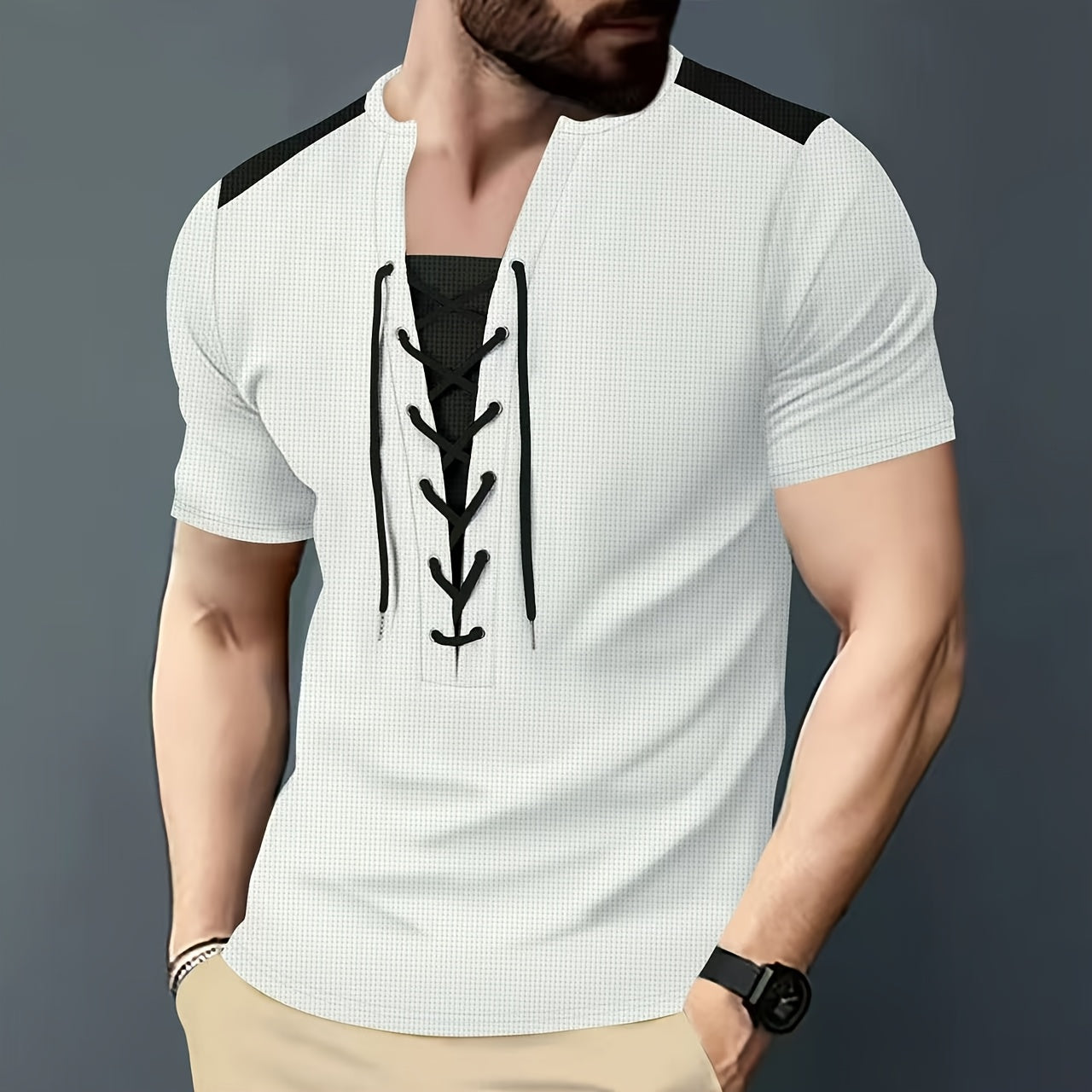 Men'S Casual Waffle Knit Short Sleeve T-Shirt with Drawstring Detail - Maroon & Black, Round Neck, Breathable Polyester Fabric for Summer Outings, Casual Weekend Wear | Round Neck Tee | Stylish Contrast Stitchin