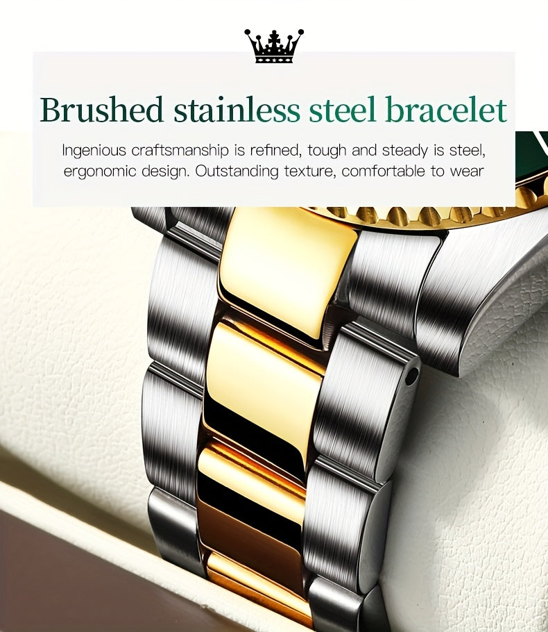 OLEVS Men'S Luxury Quartz Watch - Green Dial, Stainless Steel Band, Luminous Pointer Display, Quartz Movement, Electronic Drive, Zinc Alloy Case, Ideal for Business Casual Wea