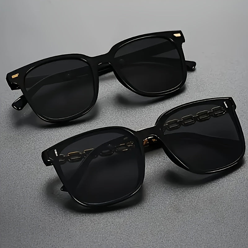 2pcs Men's Casual Fashion Glasses - Black with Golden Chain Accents, Oversized Retro Style, Lightweight & Durable for Everyday Fashion, Versatile for Casual & Formal Outfits, Stylish Glasses, Oversized Eyewear, Metallic Accen