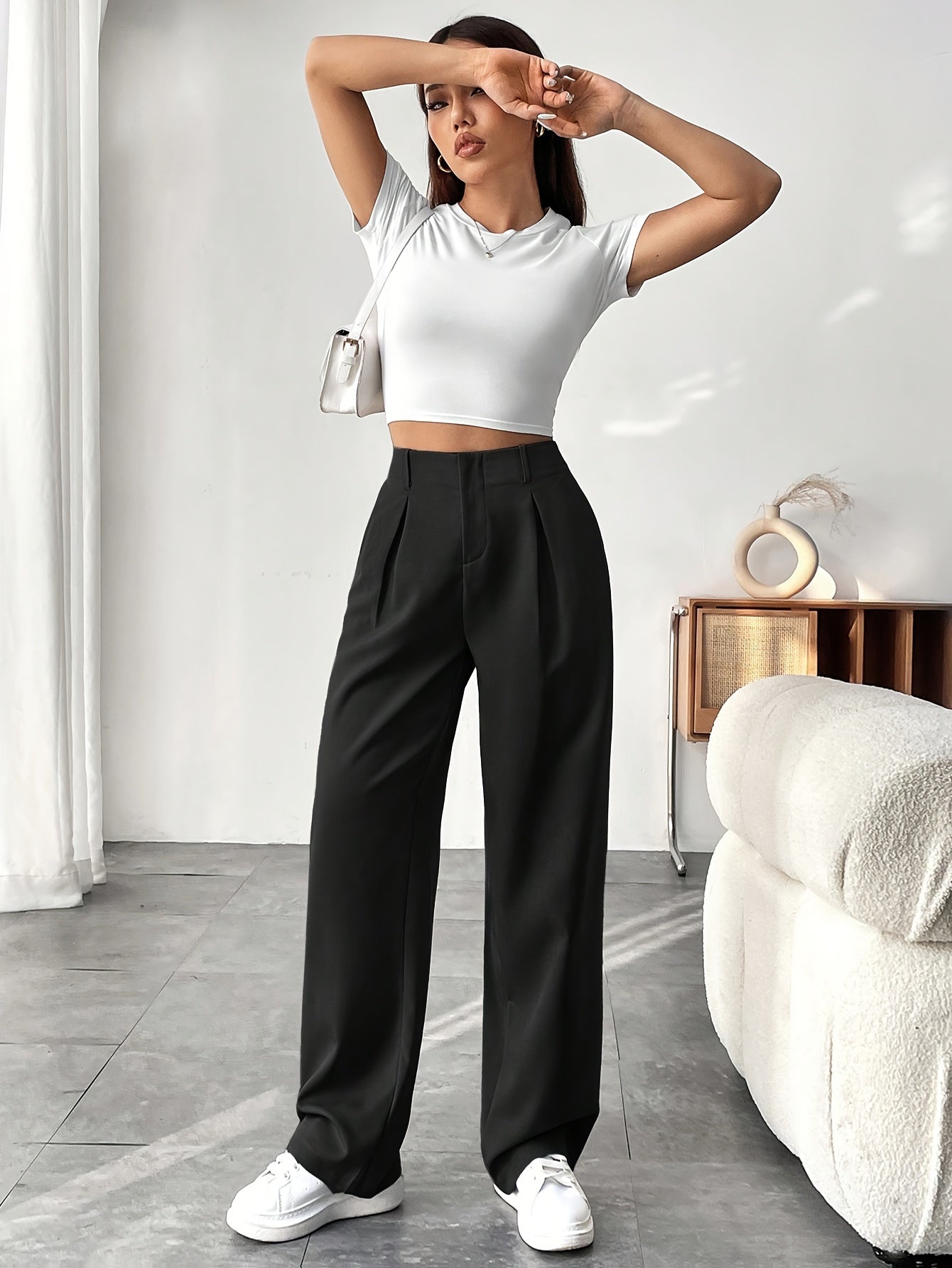 Women's Casual Wide-Leg Pants with High Waist and Slight Flare - Solid Color, Polyester, Machine Washable