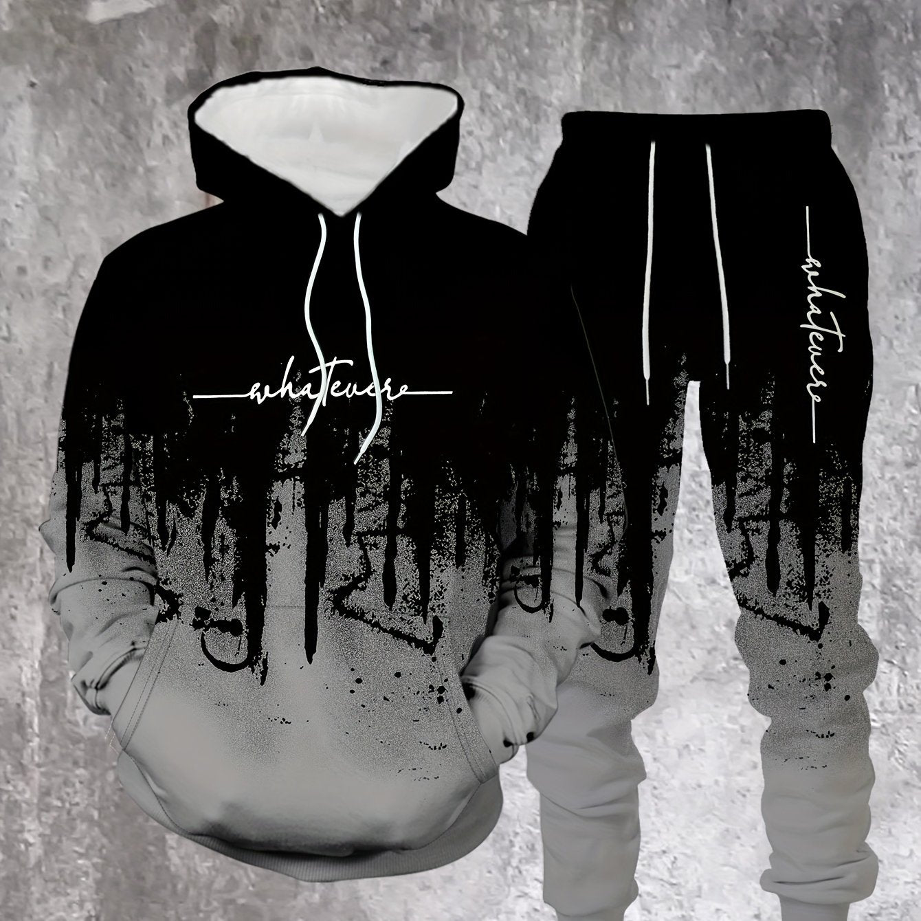 Men's Casual Hoodie & Sweatpants Set - Black & Red Contrast, Letter Print Design, Comfort Fit for Spring/Fall