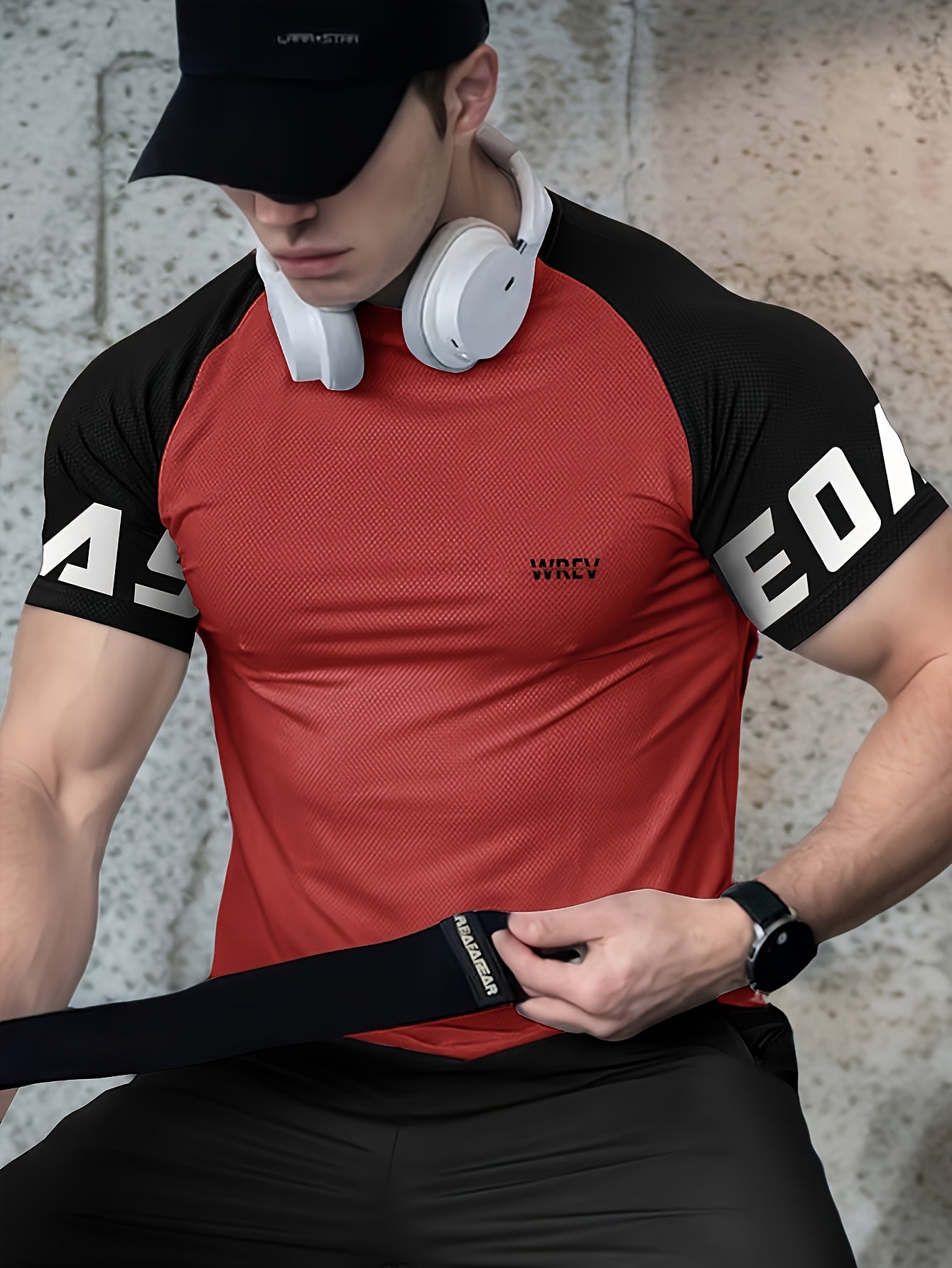 Men's Quick-Dry Breathable Mesh Sports T-Shirt - Summer Gym Workout Top with Contrast Black & White Sleeves & for Man Letter Print, Slim Fit for Running Training Casual Wear, Breathable Running Gear | Sporty Casual Tee | Mesh