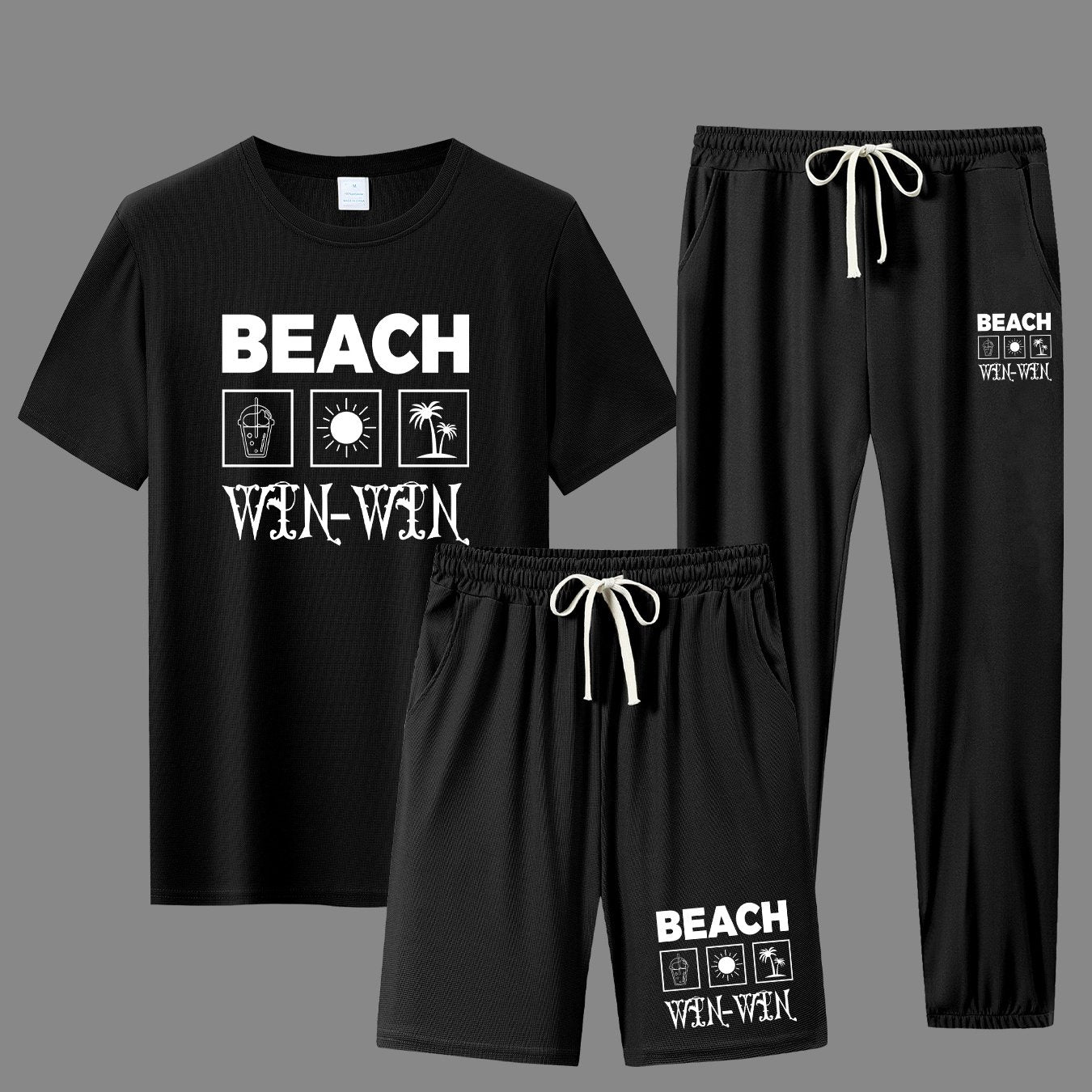 BEACH Men's 3-Piece Casual Sportswear Set, Crew Neck Short Sleeve T-Shirt with Shorts and Long Pants, Versatile Simple Breathable Summer Outfits, Knit Fabric Regular Fit, 100% Polyester Material, Casual Style Lash Sets, Sligh