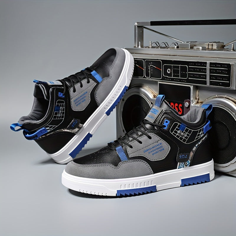 Men's Skate Shoes with Good Grip & Breathable Design - PU Upper, Cushioned PVC Sole, Black/Blue Letter Pattern Lace-Up Sneakers for All-Season Casual & Sports Wear, Allseason Shoes | Modern Casual Shoes | Comfortable Wear