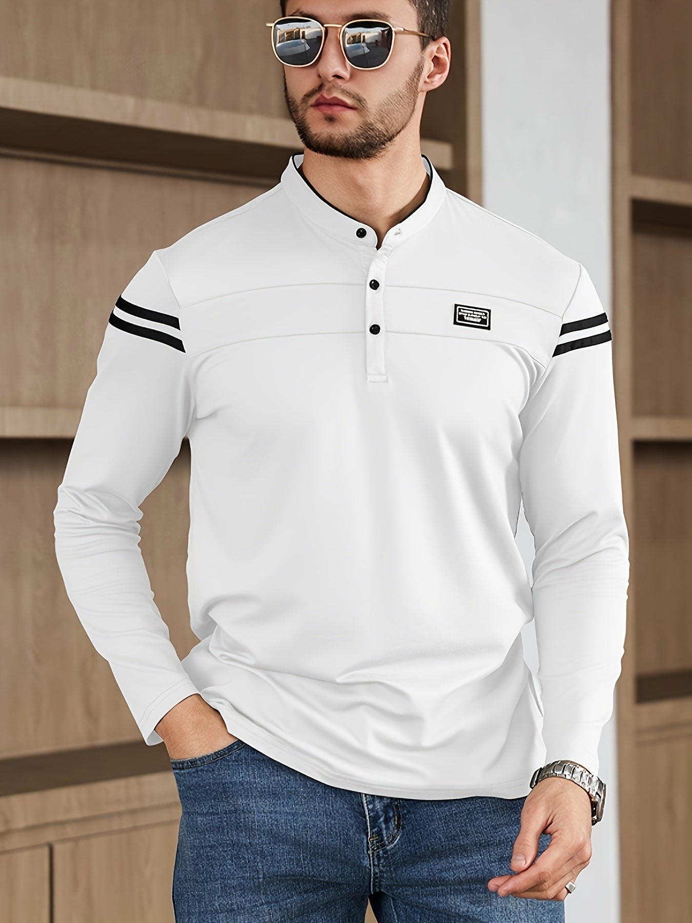Men'S Casual Long Sleeve T-Shirt - Solid Color with Stand Collar & Stripe Polo, Button-Up Front, Ideal for Outdoor Activities