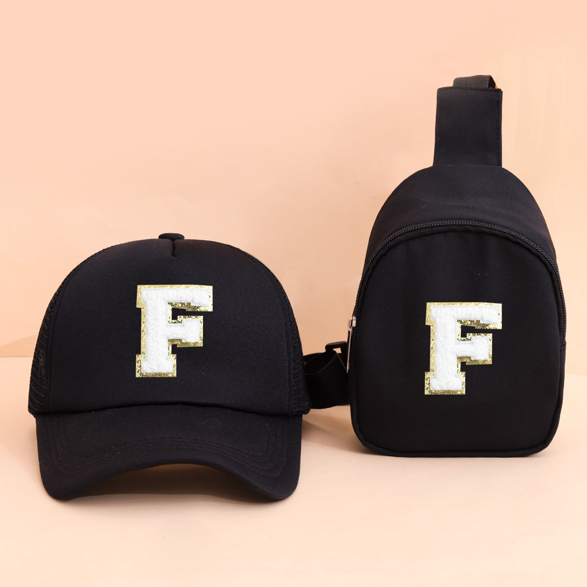 2pcs Kids' Printed Alphabet Pattern Set, Includes 1 Black Stylish Breathable Trucker Hat and 1 Black Crossbody Bag, Lightweight Sun Hat with Small Coin Purse, Suitable for Boys and Girls Aged 5-10 for Daily Outings and Back-t
