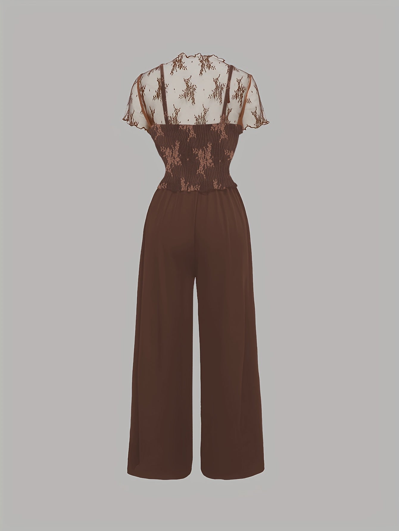 Elegant Mesh Long Sleeve Crop Top & Bodycon Wide-Leg Jumpsuit Set - Chic V-Neck, Ruched Detail, Black Mesh Blouse with Spaghetti Straps, Wide Leg Pants for Spring/Summer, Women'S Fashion, Clothing | Relaxed Fit | Chic Desig