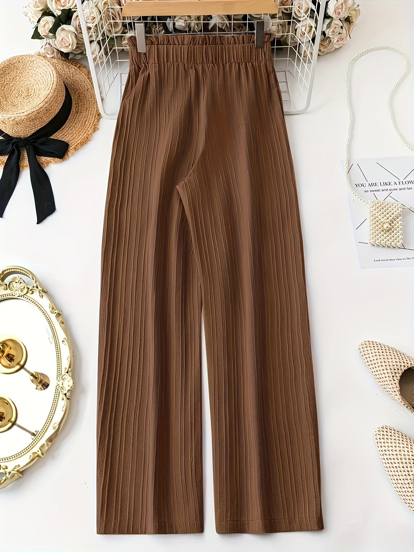 Women'S Fashion Pleated Pants, Polyester, Casual Solid Color, Spring/Summer/Autumn, Belted, Wide Leg, Adult, Woven Fabric