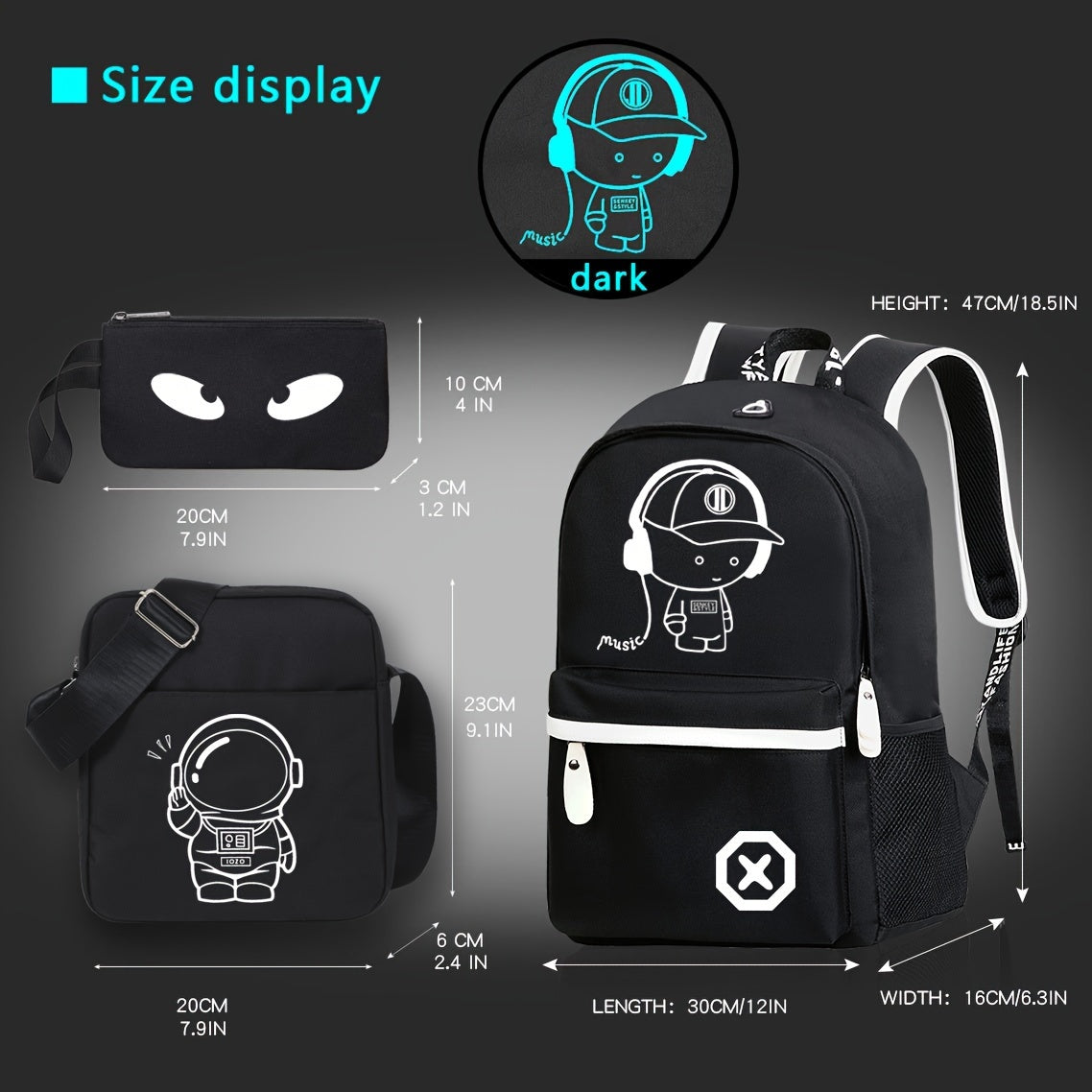 New casual Men's backpack set, large capacity to store 15.6-inch laptops, night fluorescent backpack, three piece travel dual-use backpack