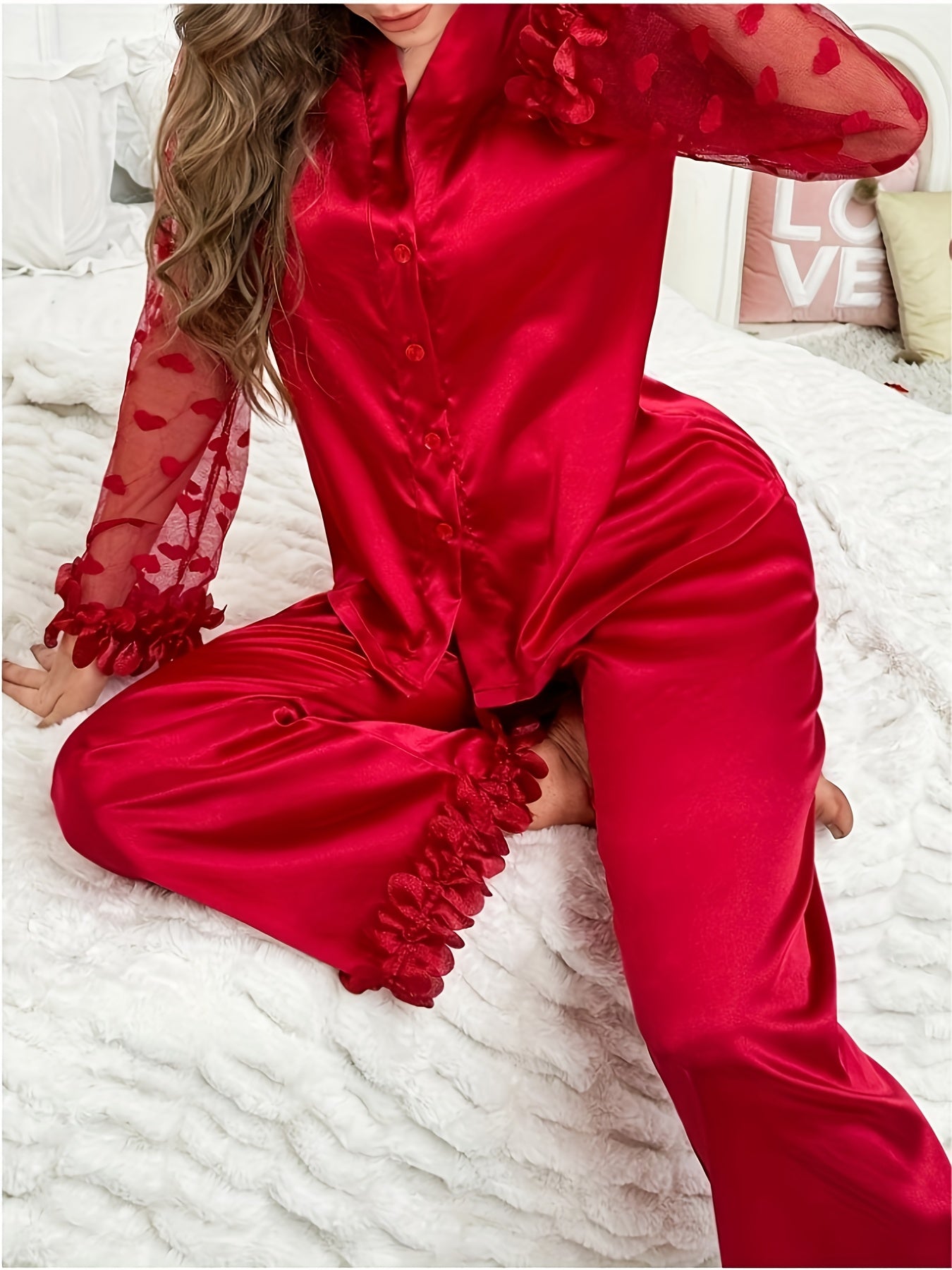 Elegant Women'S Lace-Trimmed Long Sleeve Pajama Set - Vibrant Red V-Neck Loungewear with Floral Lace Detail, Soft Polyester Blend for All Seasons