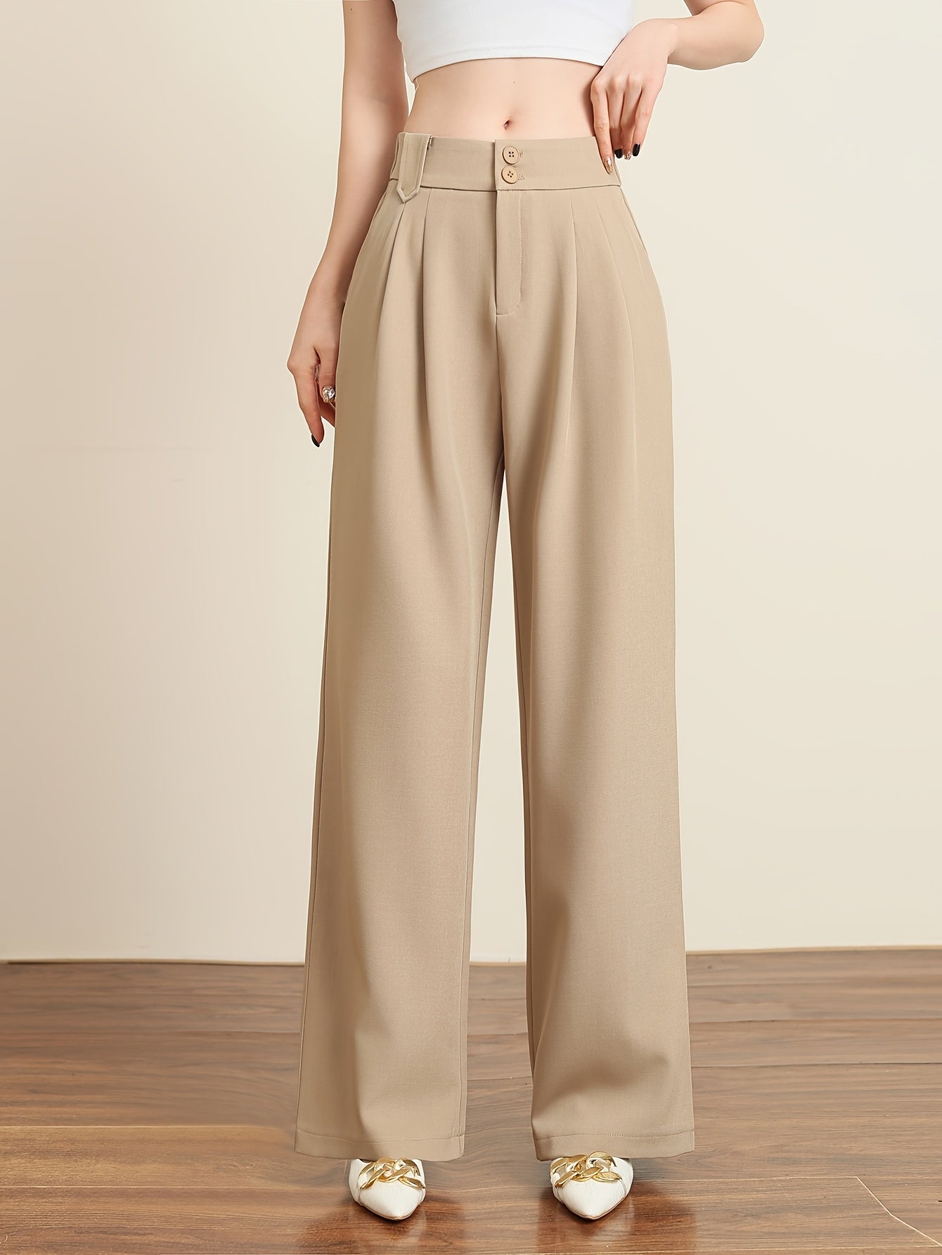 Solid Color Slim Straight Pants, Casual Women'S Long Trousers with Pockets And Buttons for Everyday Wear.