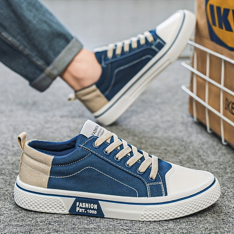 Men's Breathable Canvas Sneakers - Low-Top Lace-Up Skate Shoes, Fashionable Casual & Sporty Design with Green & Beige Color Block, Non-Slip PVC Sole for Casual Attire, Outdoor Sneakers | Laceup Closure | Stylish Lowtops