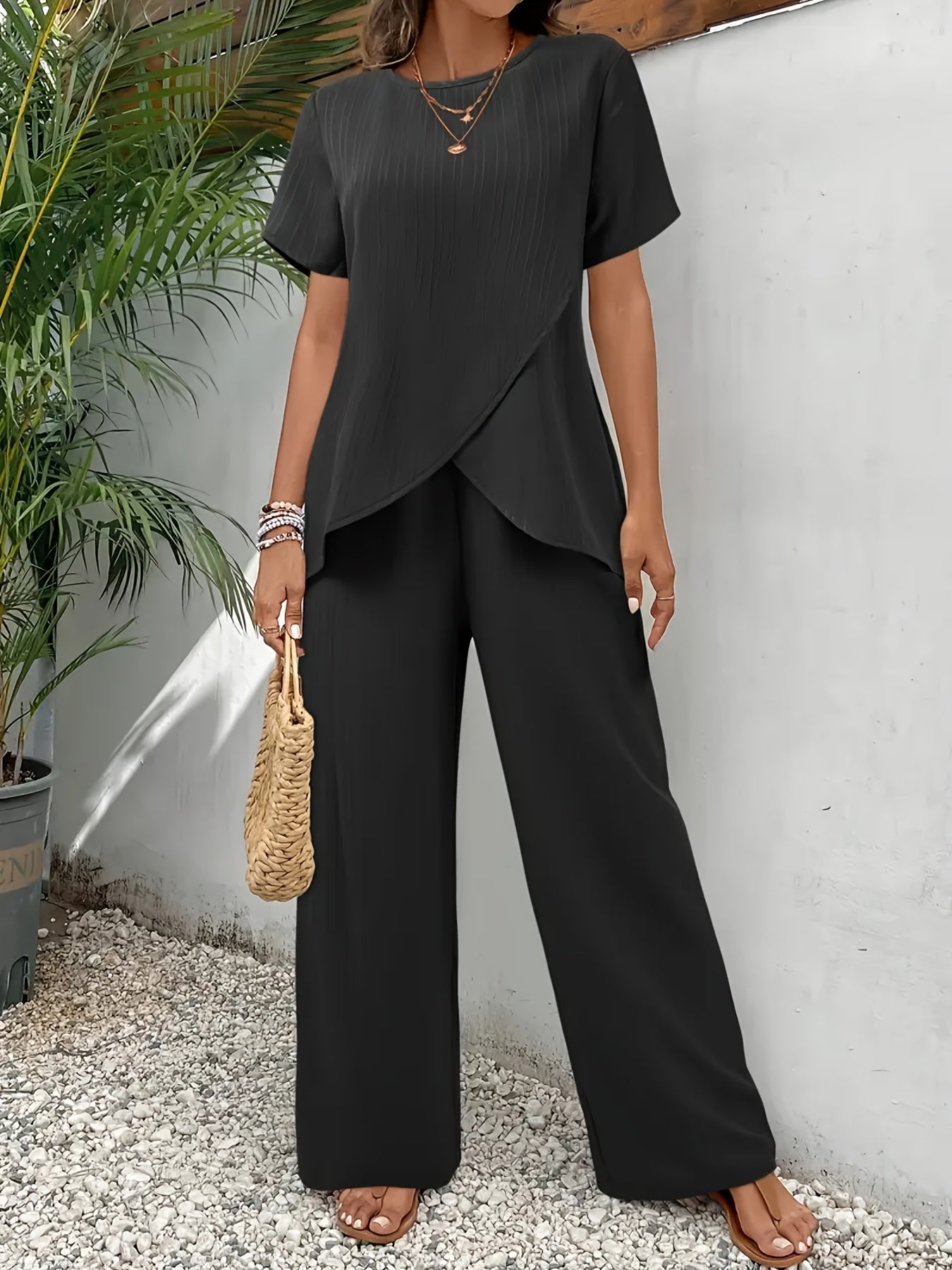 Solid color casual pants set, asymmetrical hem round neck short sleeve top and pants set, Women's clothing