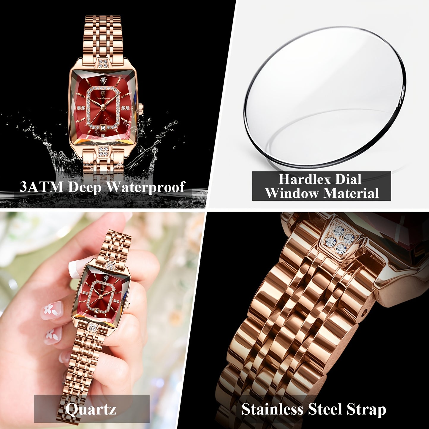 POEDAGAR Women's Ultra-Thin Stainless Steel Quartz Watch - 3ATM Waterproof, Luminous Red Dial with Date Calendar, Champagne Band & Case - Elegant Luxury Wristwatch for Teens & Adults, Perfect for Valentine's Day, Mother's Day