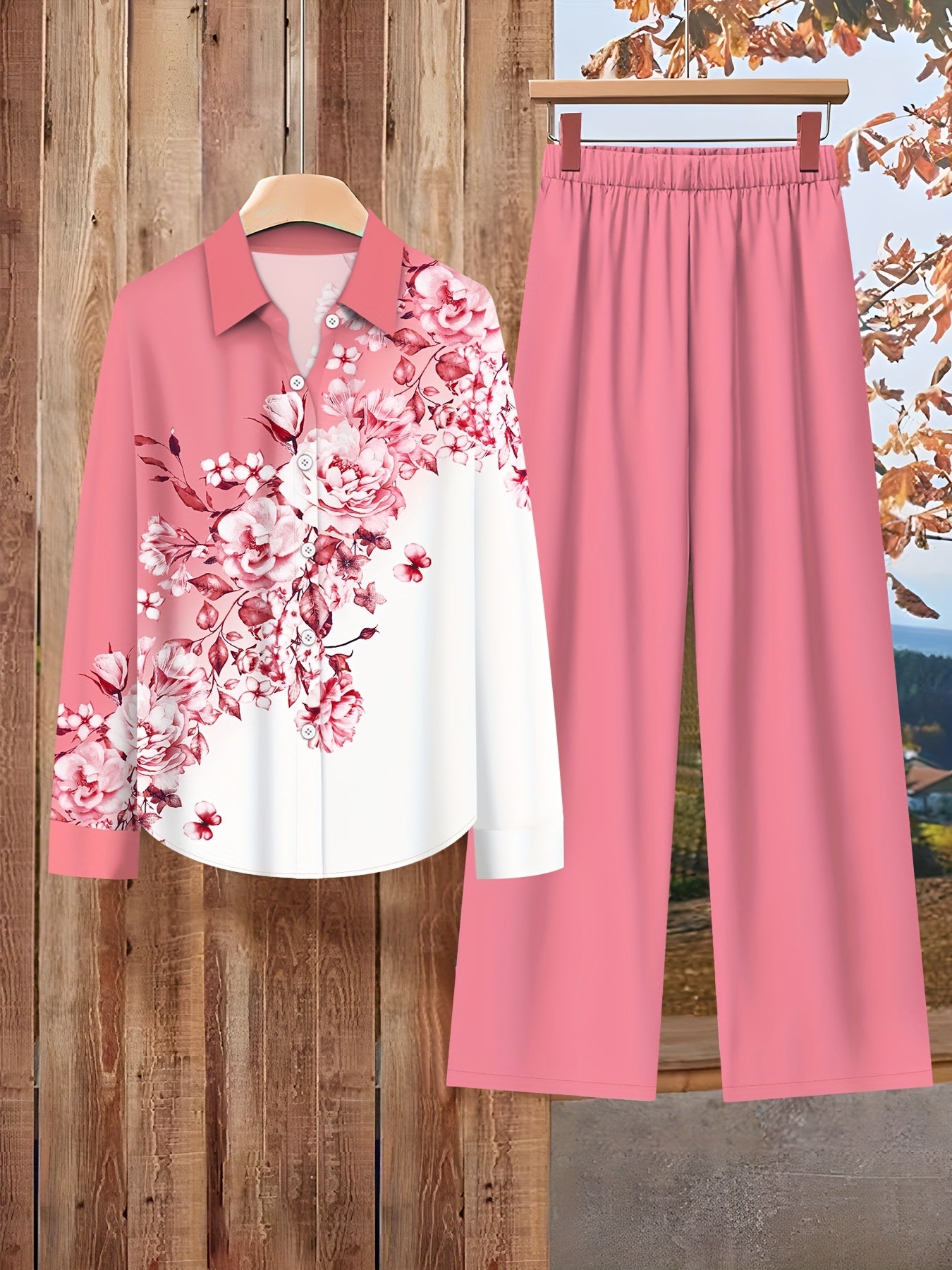 Women'S Elegant Set of Contrasting Floral Print Long-Sleeve Lapel Shirt Top And Solid Color Loose Pants Two-Piece Set