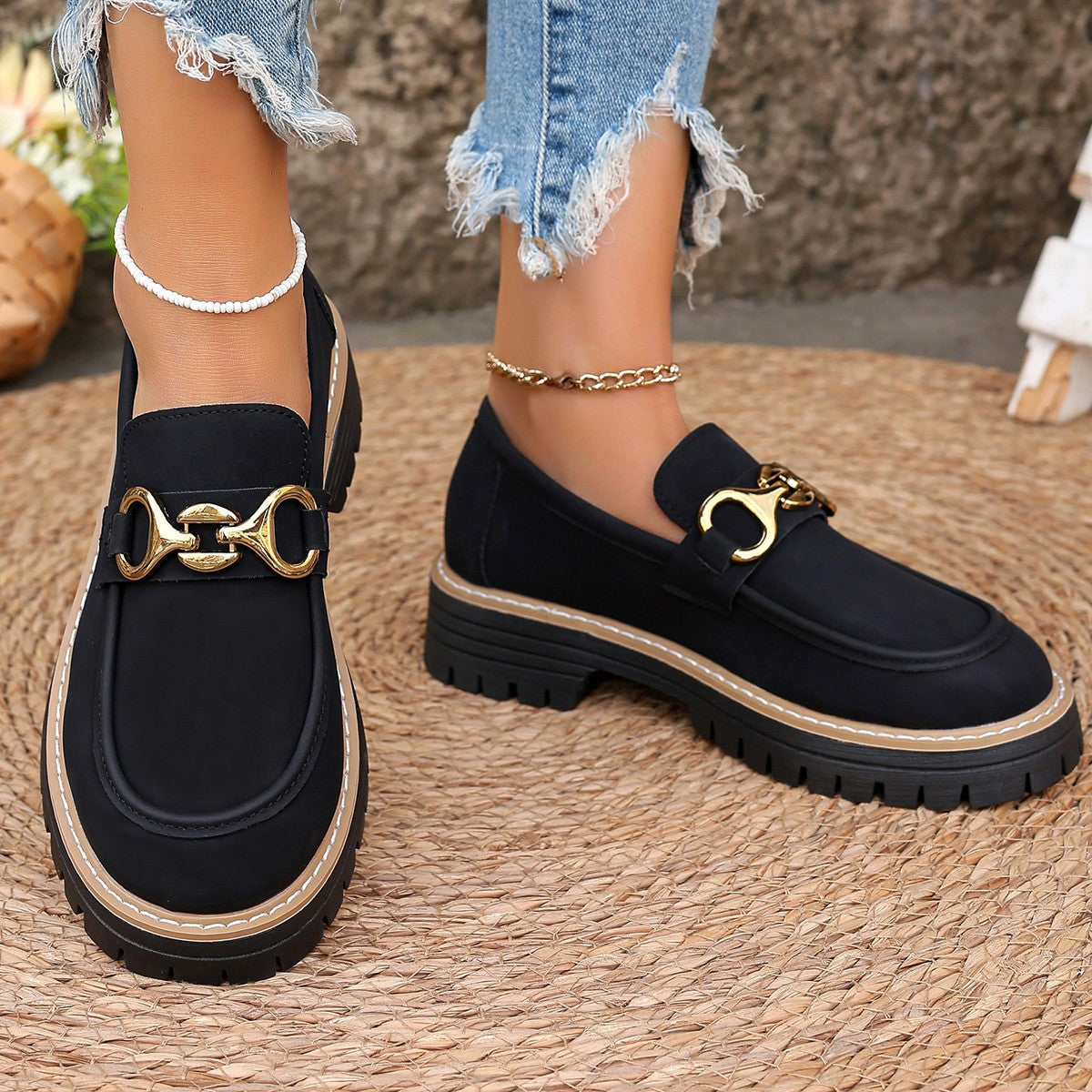 Women's Slip-On Loafers with Golden-Tone Metallic Accents - Synthetic Cover Upper, Non-Slip Rubber Sole, Round Toe Comfort - All-Season Casual & Formal Shoes (Black), Ladies Shoes