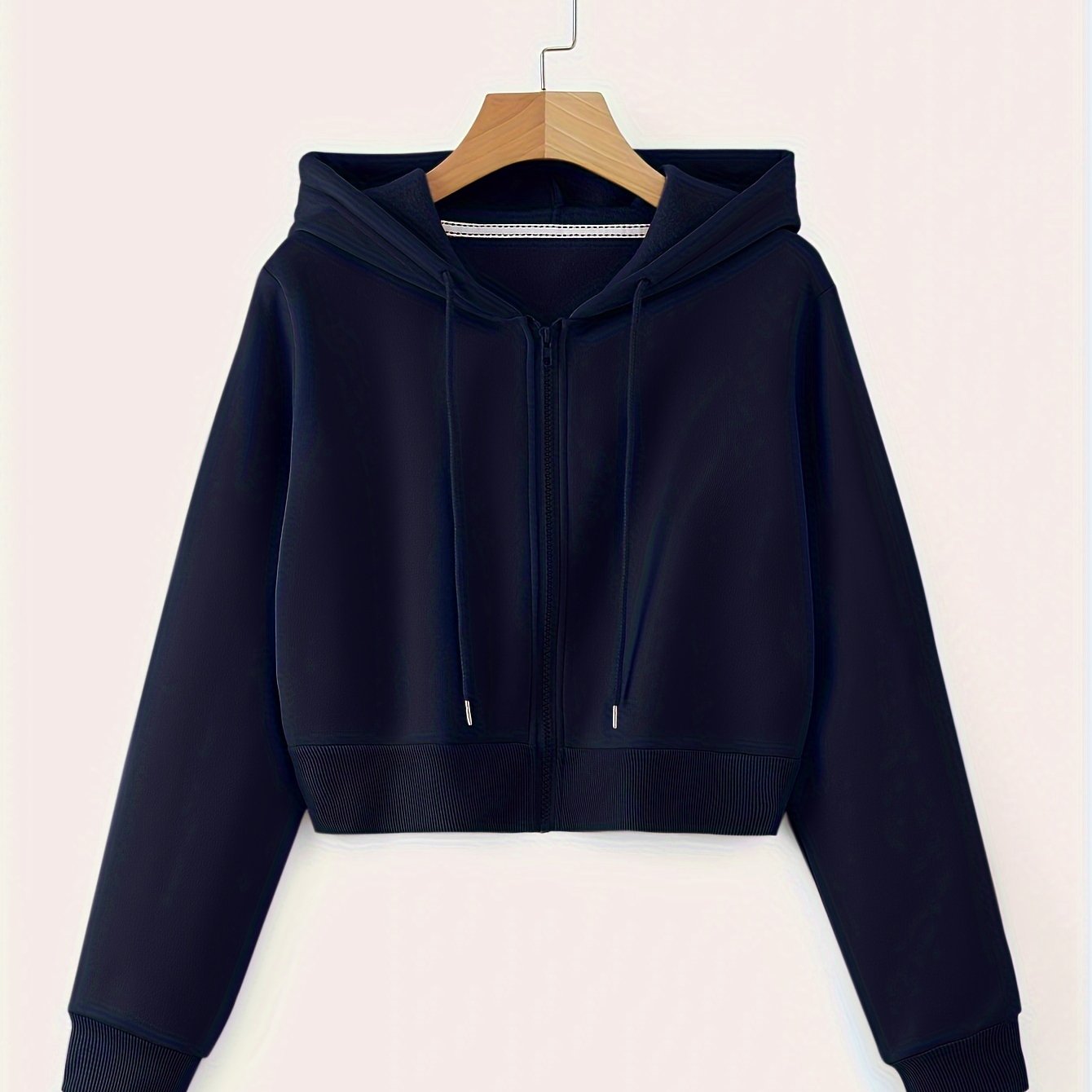 Zip Up Cropped Drawstring Hoodie, Casual Long Sleeve Sweatshirt For Spring & Fall, Women's Clothing