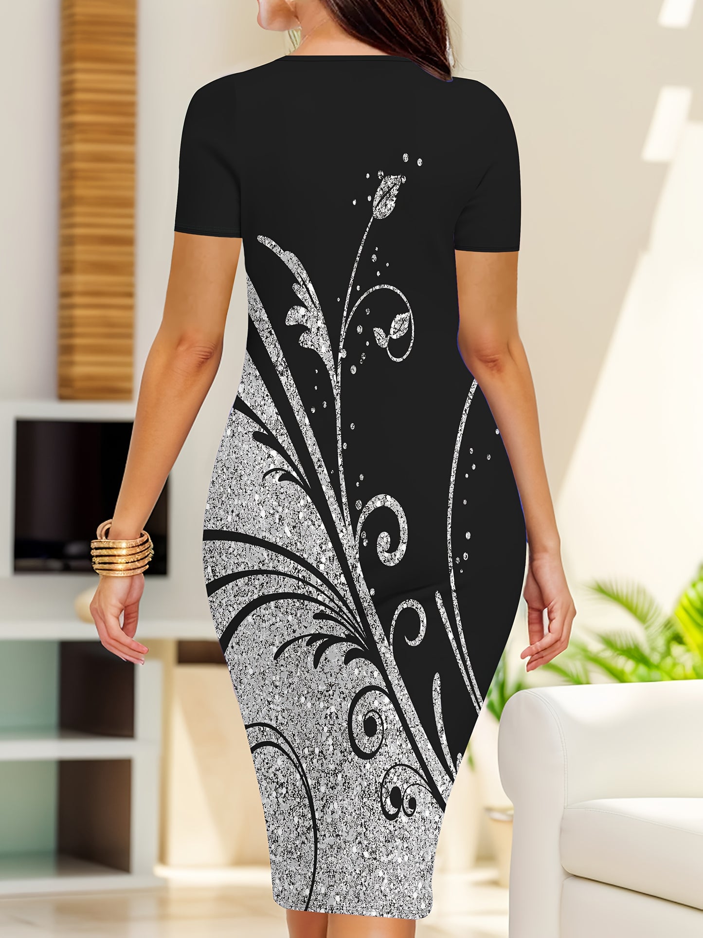 Women's Round Neck Short Sleeve Sports Dress with Butterfly Branch and Leaf Print for Festival Celebration and Outdoor Vacation
