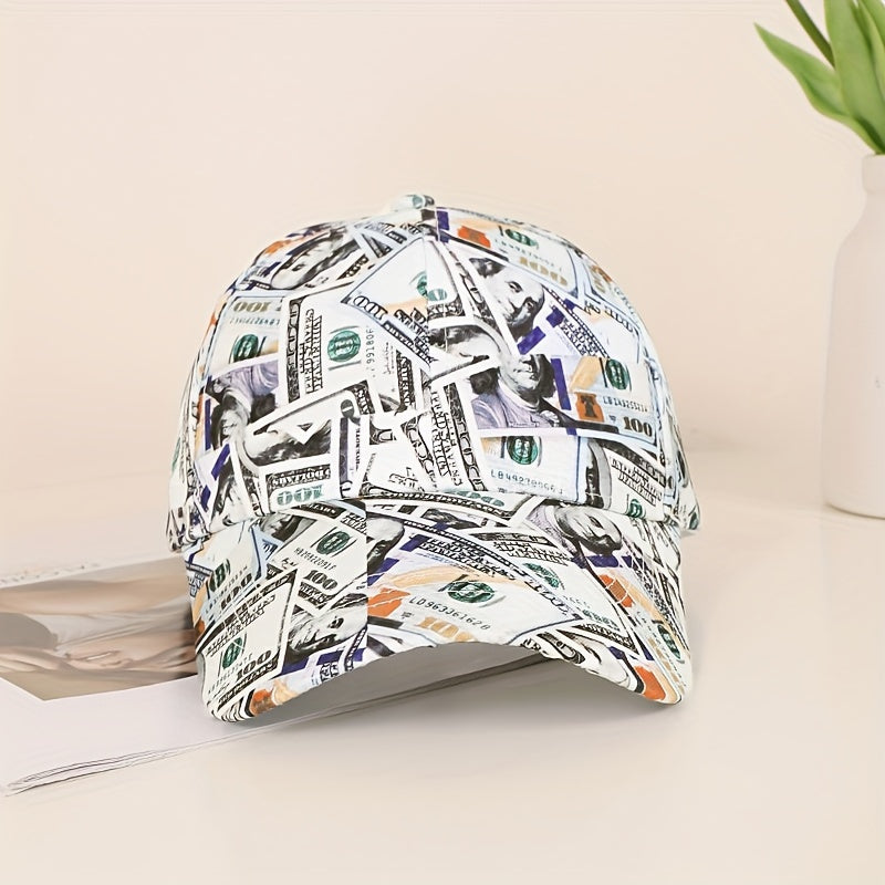 Funky Money Print Baseball Cap 100% Polyester Lightweight Adjustable Hip-Hop Hat Unisex for Music Festivals
