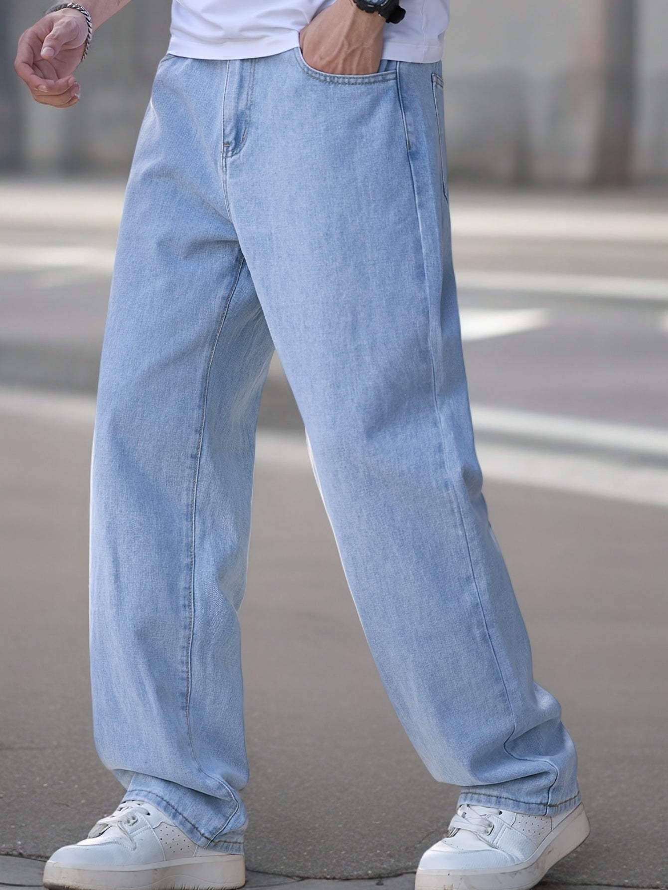 Men's Relaxed Fit Light Blue Denim Jeans - Casual Straight Leg Blend Pants, Machine Washable, Comfortable for Casual Attire, Casual Wear Jeans | Relaxed Fit Jeans | Blend Denim