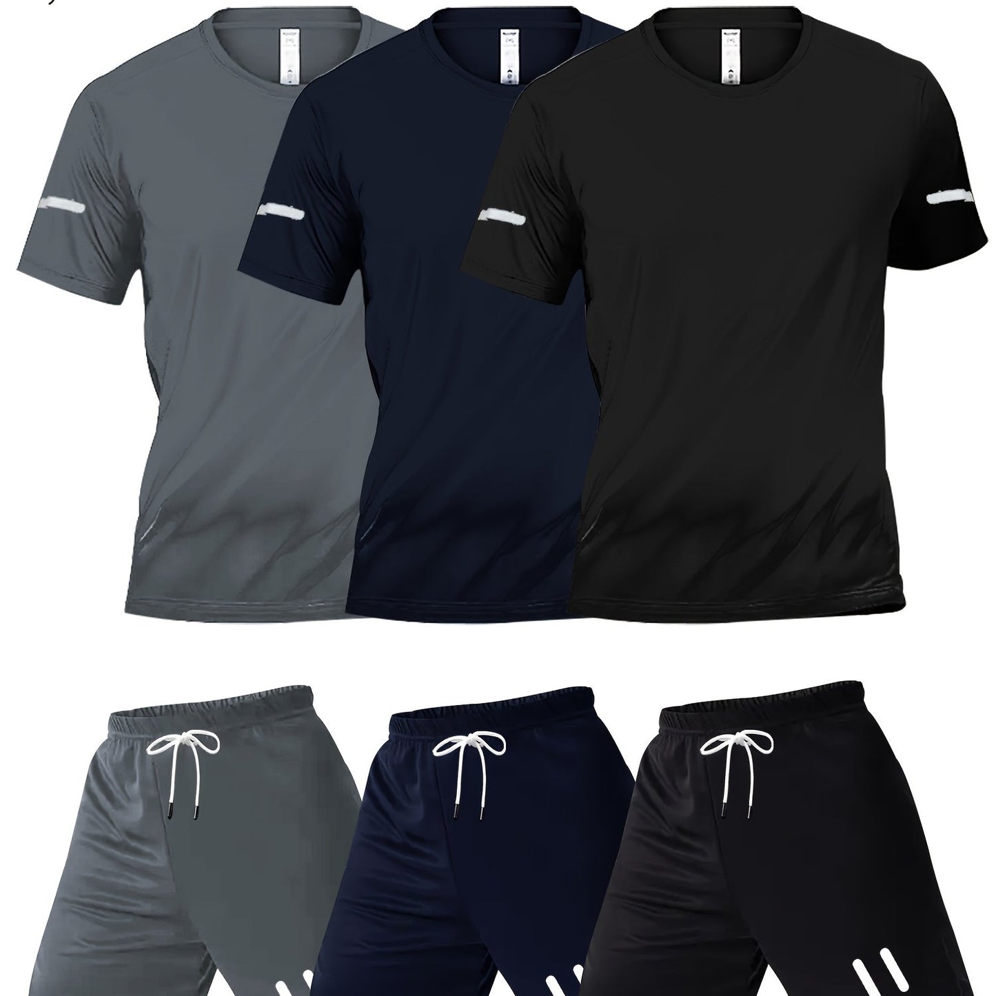 A Set of Three Print Designs for Men'S Casual Sportswear, Featuring Quick-Dry Breathable Short-Sleeve T-Shirts with Round Necks And Elastic Waist Shorts with Pockets, Suitable for Sports And Fitness Activities in Spring, Summ