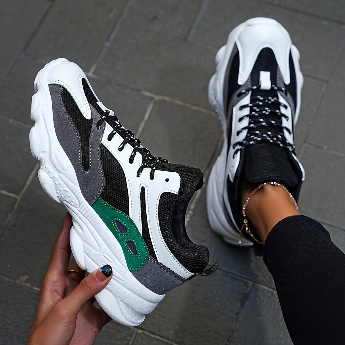 Thick Sole Shock Absorption Chunky Sneakers, Mesh Breathable Lightweight Lace Up Running Shoes, Low Cut Wear Resistance Sport Shoes